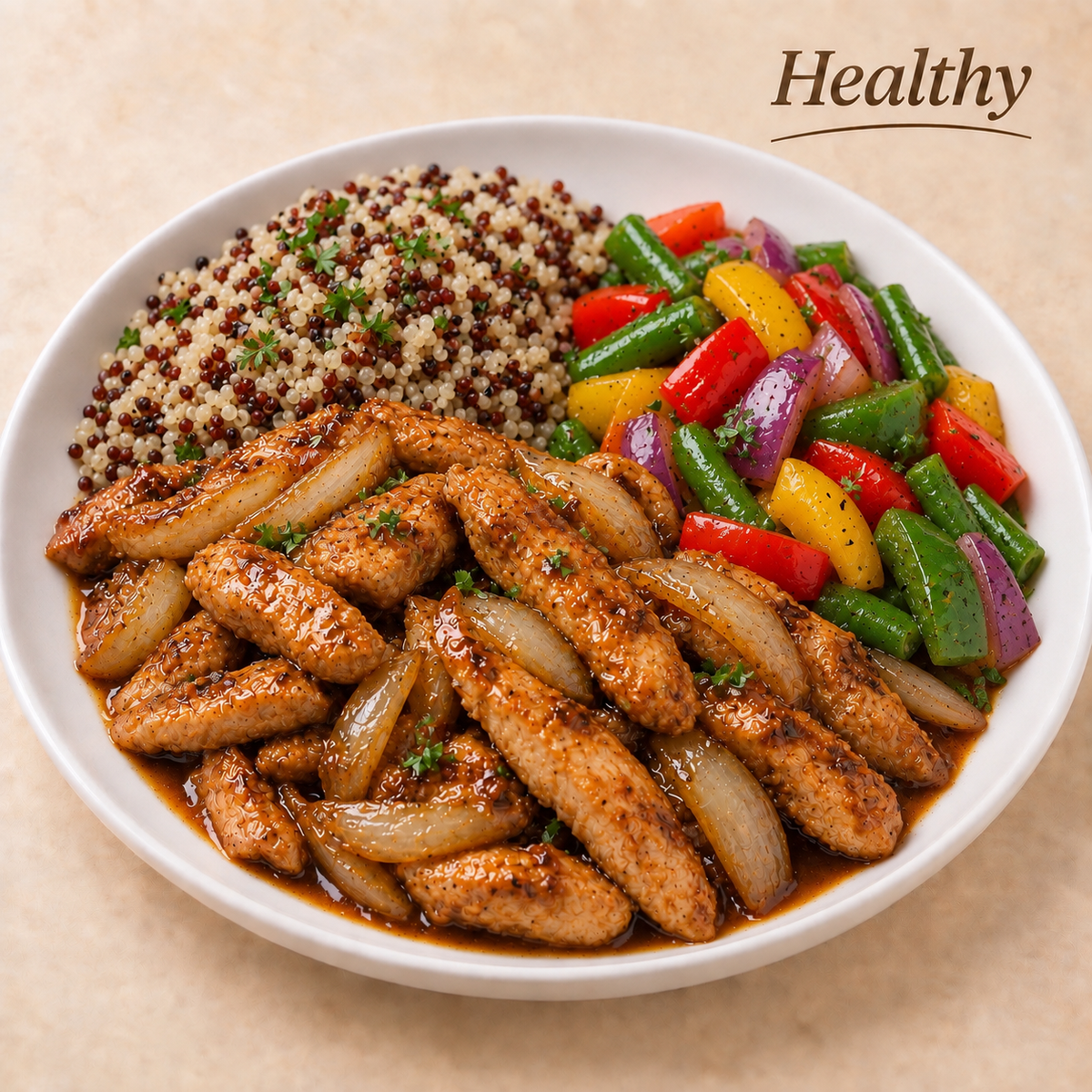 SAUDAVEL 500G- Tiras de frango aceboladas ao shoyu, quinoa e legume refogados (vagem, pimentão colorido e cebola roxa).