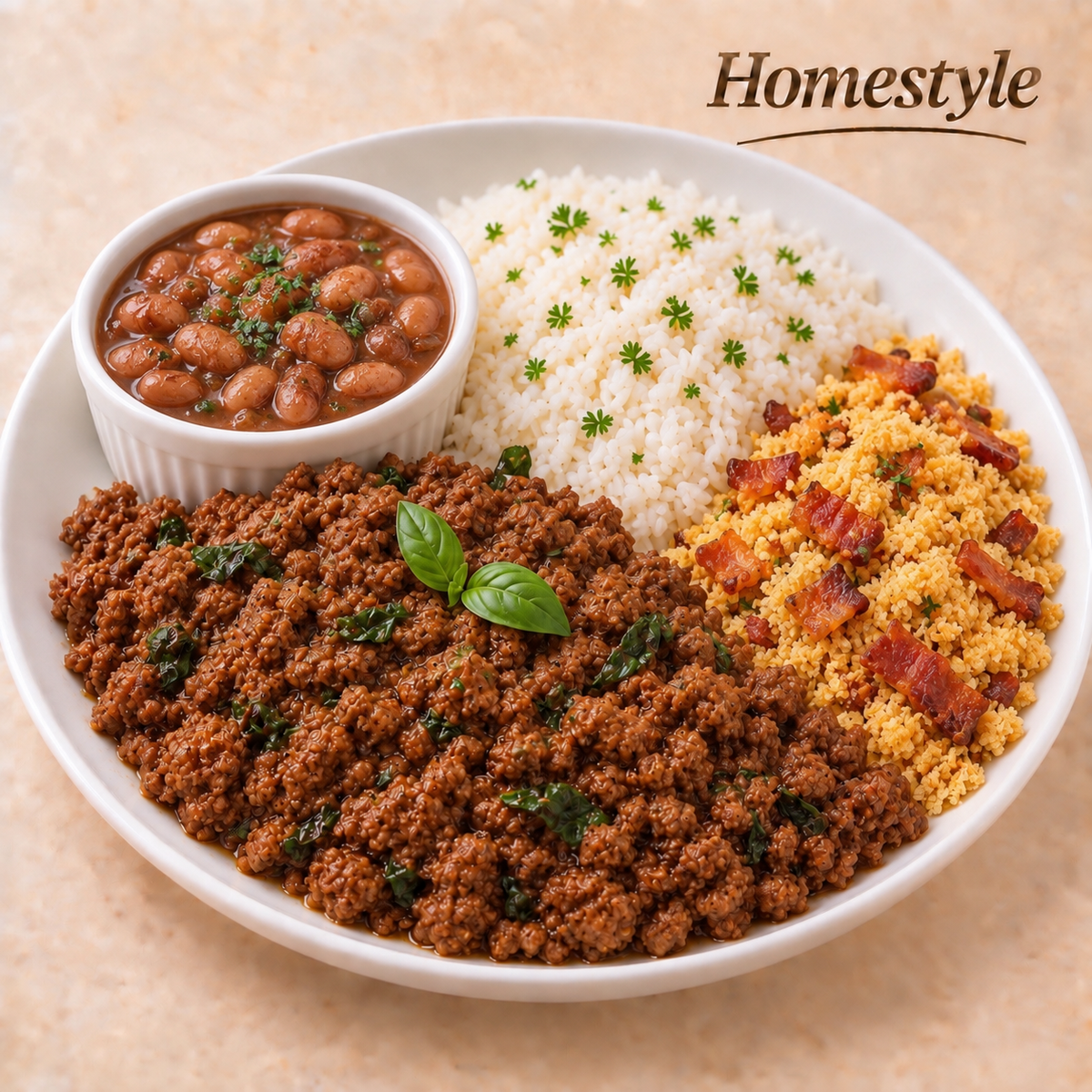 CASEIRO 550G- Carne moída ao toque de manjericão, arroz, farofa de bacon e feijão à parte.