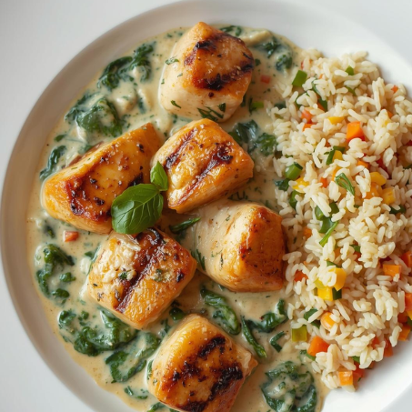 SAUDÁVEL REGULAR - Cubos de frango ao molho de ricota com espinafre e arroz basmati com vegetais