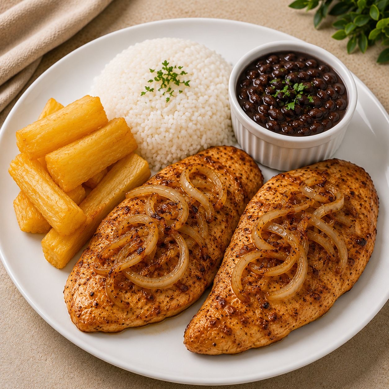 CASEIRO 300g- Filé de frango acebolado, mandioca frita, arroz branco e feijão preto à parte.