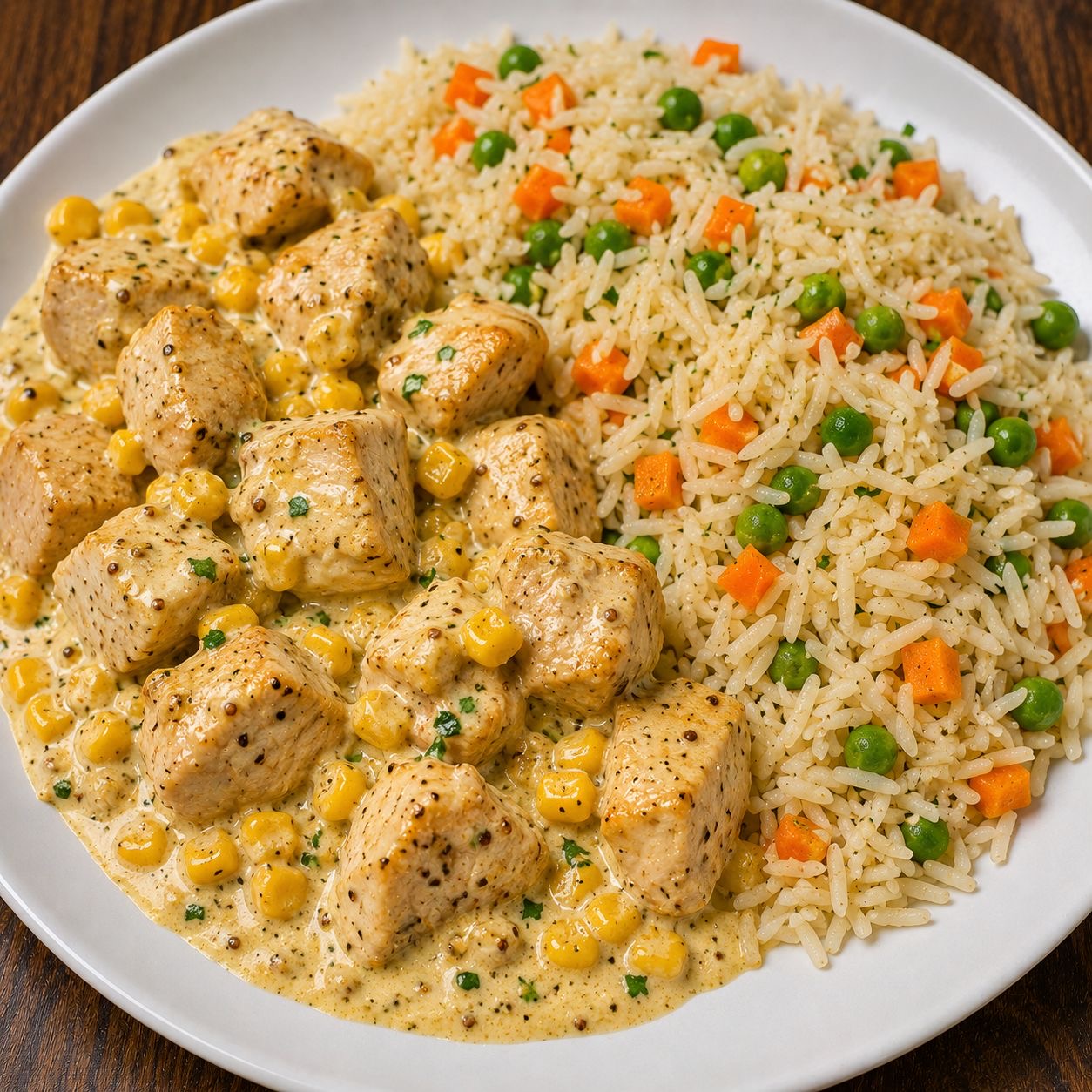 SAUDÁVEL 300g- Cubos de frango com milho ao molho de ricota e mostarda Dijon, arroz basmati com vegetais.