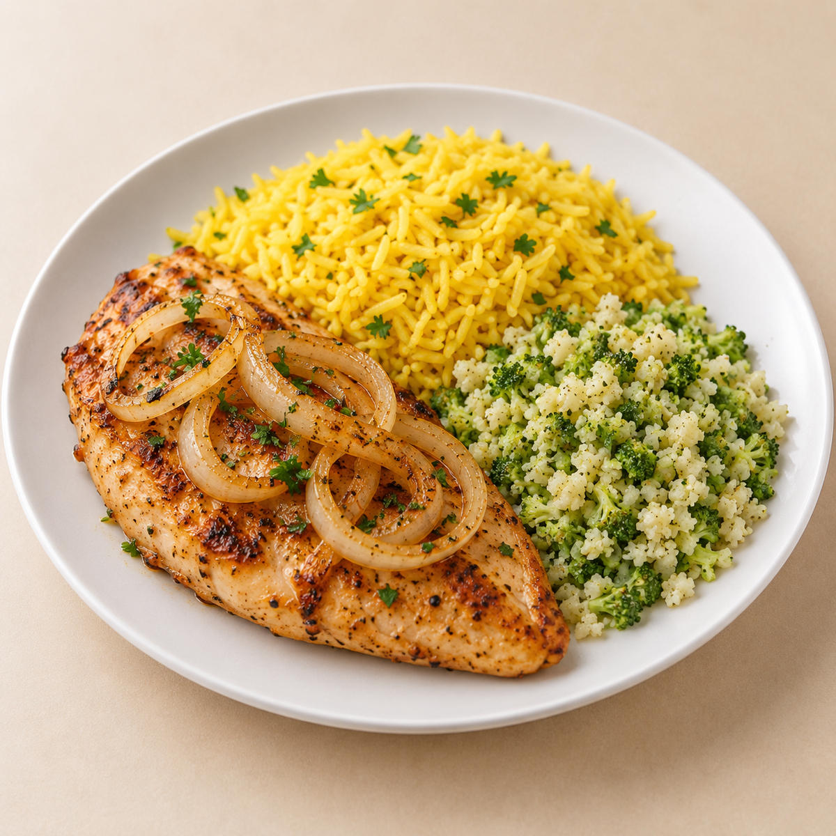 LEAN BALANCE 350G - Grilled chicken breast w/ onions, turmeric basmati rice & broccoli w/ cauliflower crumble.