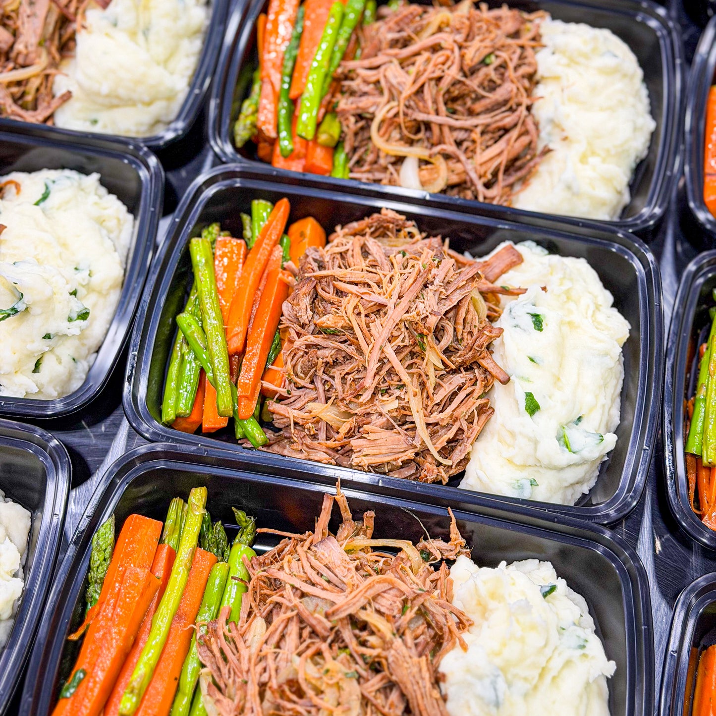 AVAILABLE NOW, FRESH- Shredded beef with sautéed onions and bell peppers, Brazilian sweet potato mash, and a carrot and asparagus mix.