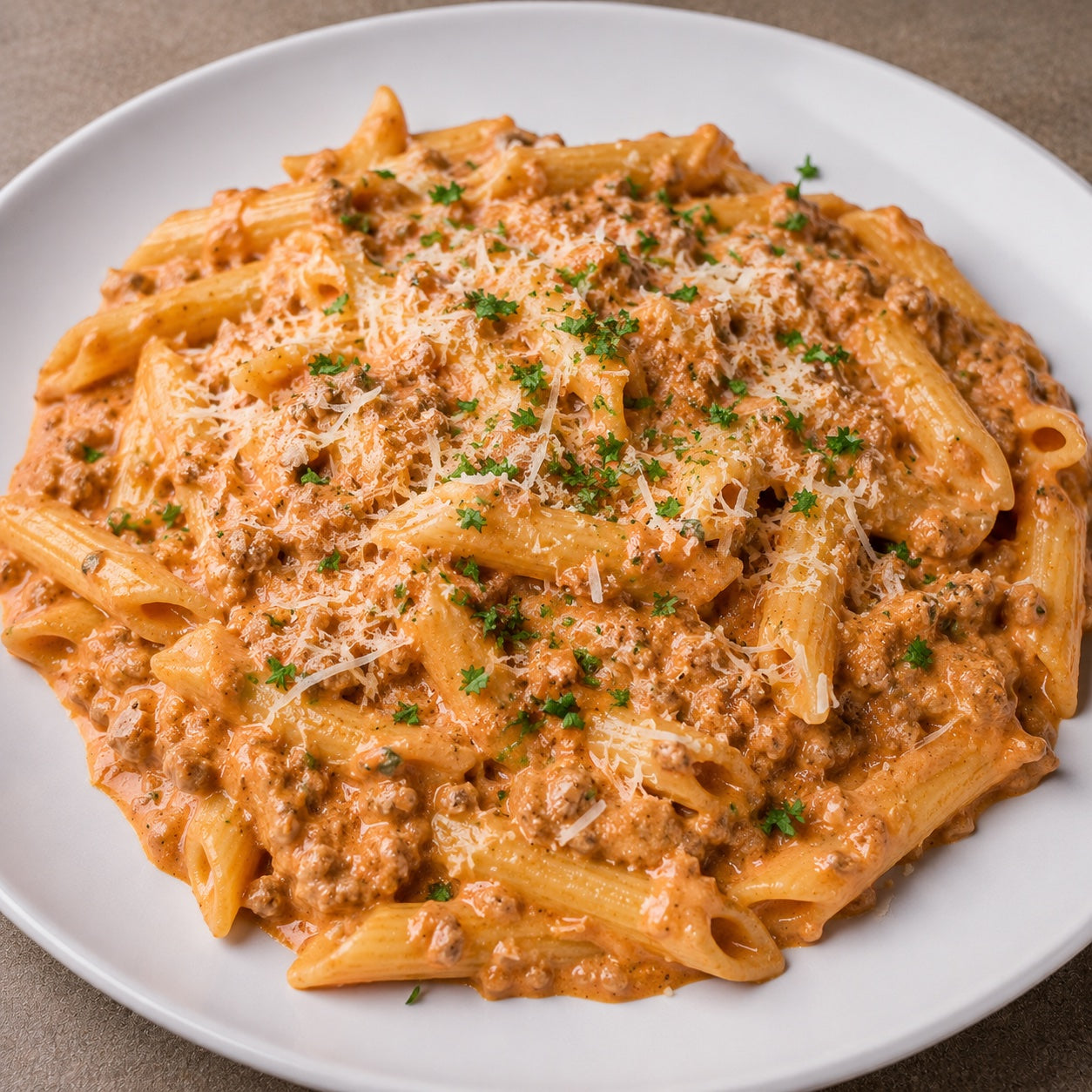 CASEIRO 300G- Penne à bolonhesa cremoso (molho vermelho e molho branco), e fresh parmesão por cima.