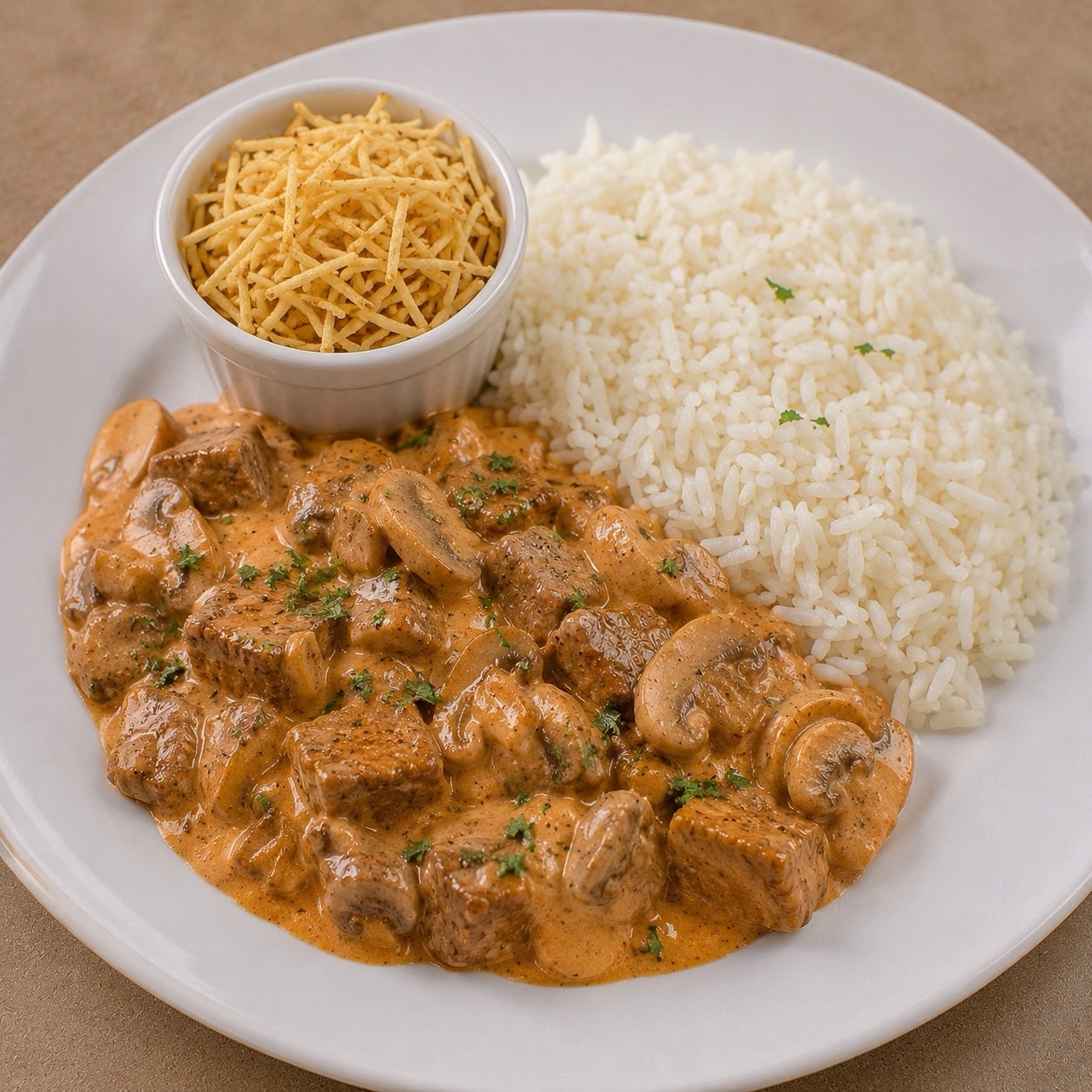 HOMESTYLE 300G- Filet mignon stroganoff with mushrooms, rice and shoestring potatoes.