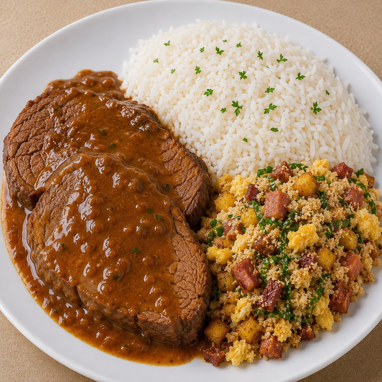 HOMESTYLE 300G- Roast beef, rice and farofa (calabresa sausage, bacon, plantains, eggs, collard greens, cassava flour)