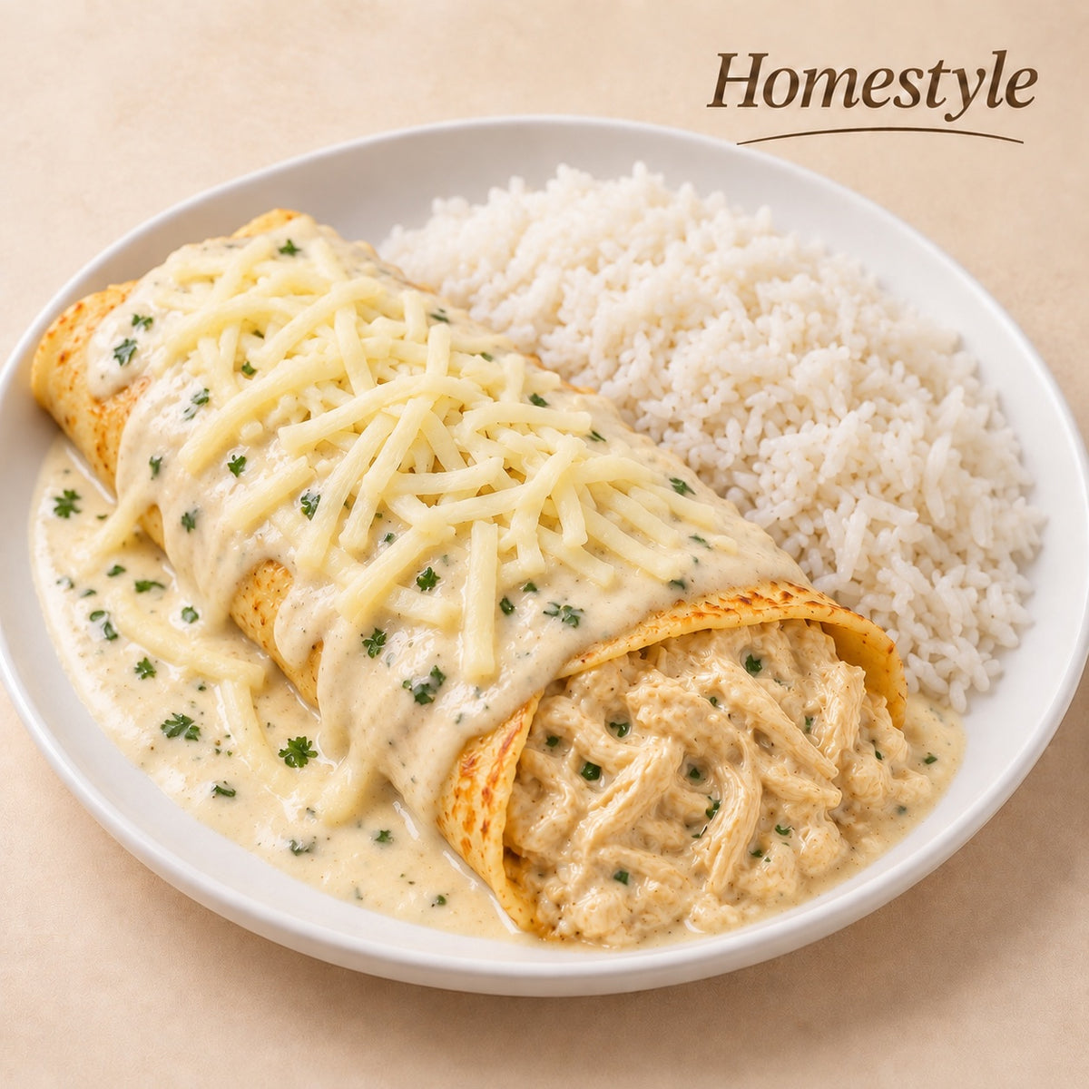 CASEIRO 550G- Panqueca de frango cremoso ao molho branco e queijo mussarela, e arroz.