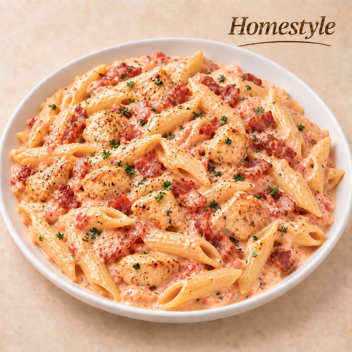 CASEIRO 300G- Penne ao molho rosê com cubos de frango salteados com bacon.