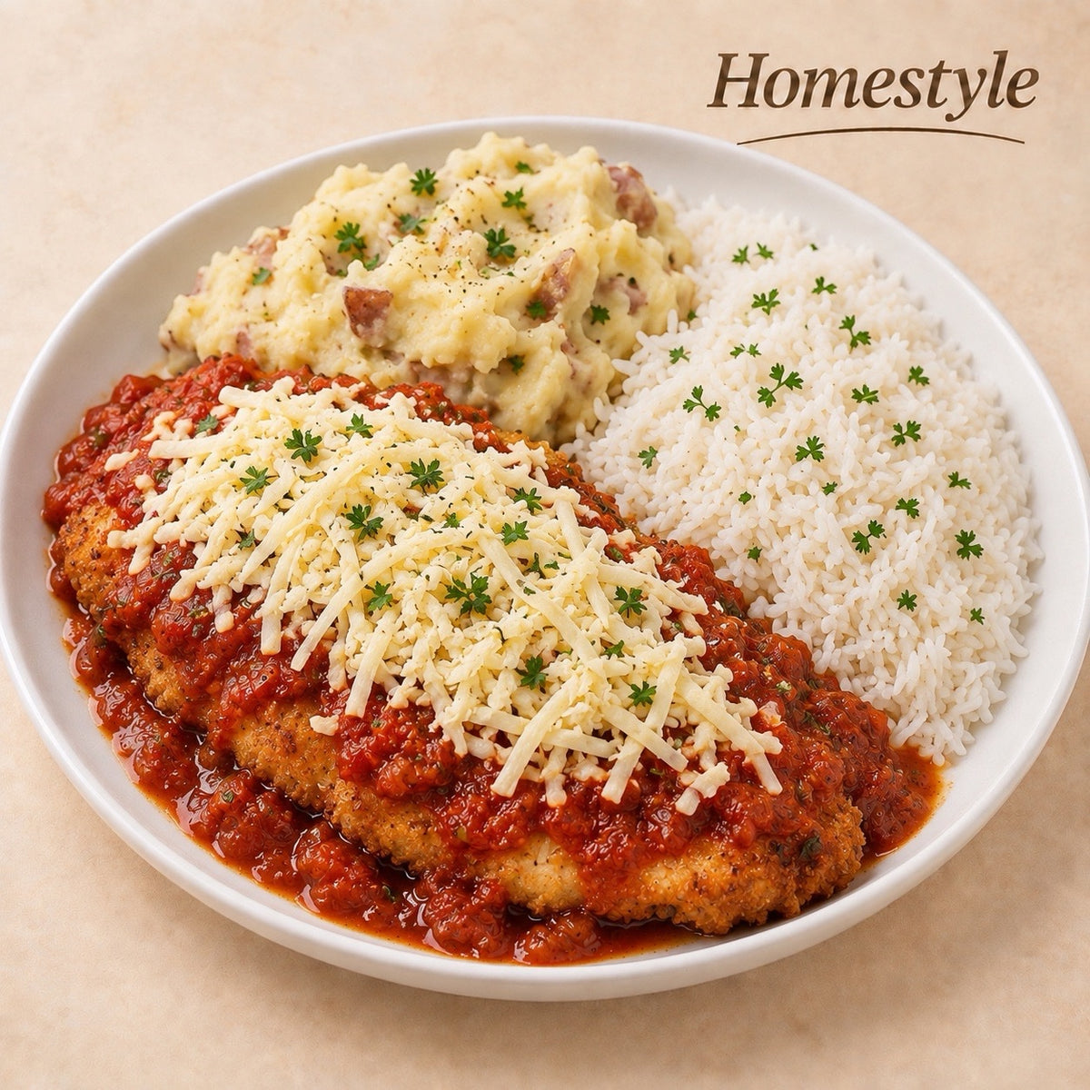 CASEIRO 300G- Parmegiana de frango, arroz e purê de batata rústica.
