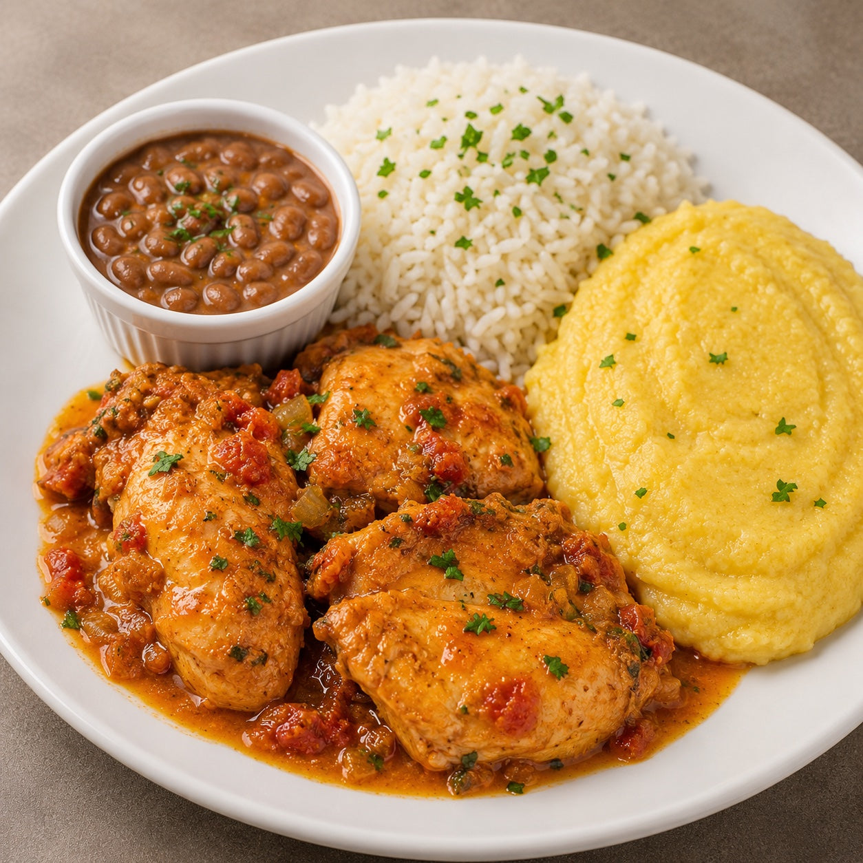CASEIRO 300G- Peito de frango ao molho, polenta, arroz branco e feijão à parte.