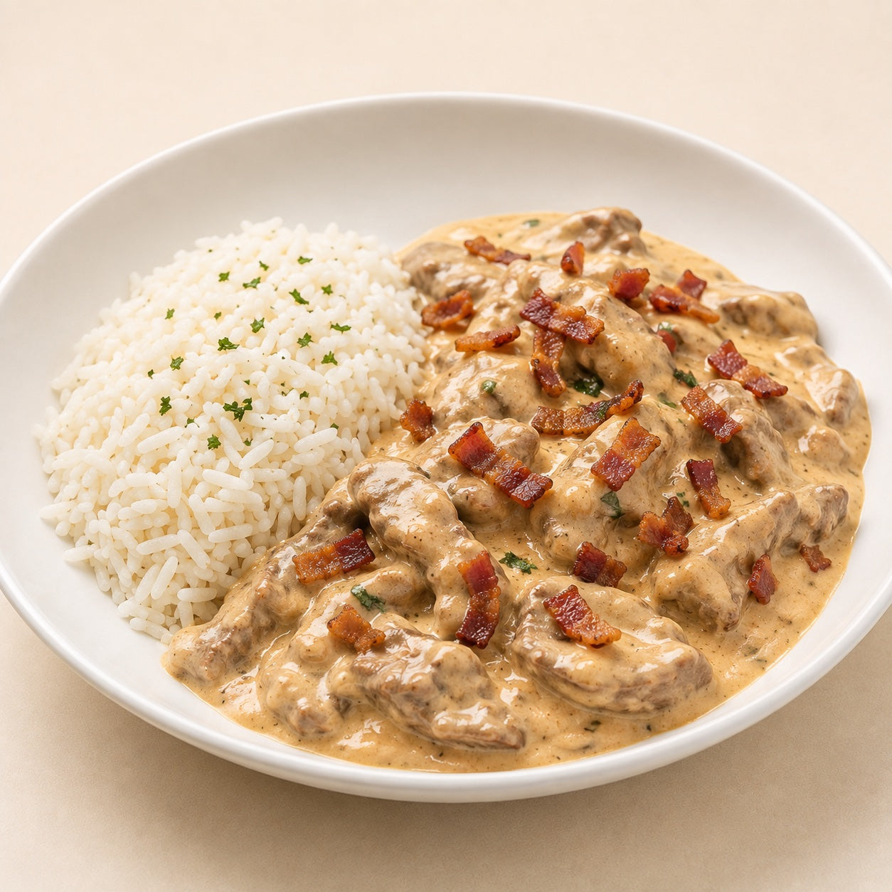 HOMESTYLE 300G- Filet mignon strips with creamy Catupiry cheese sauce, topped with crispy bacon and rice.