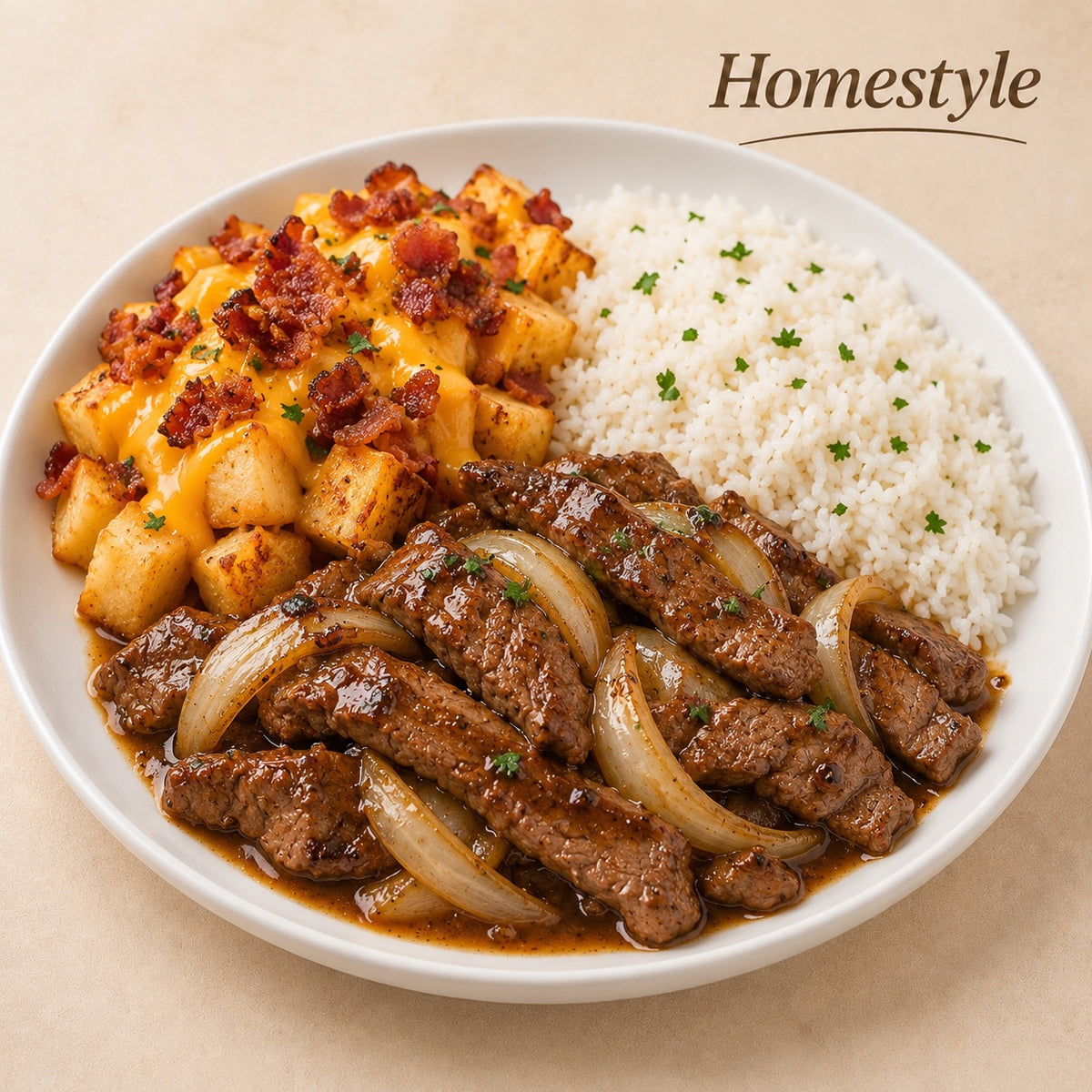 CASEIRO 300G- Tiras de alcatra aceboladas ao shoyu, arroz e homefries ao molho de cheddar e bacon crocante.