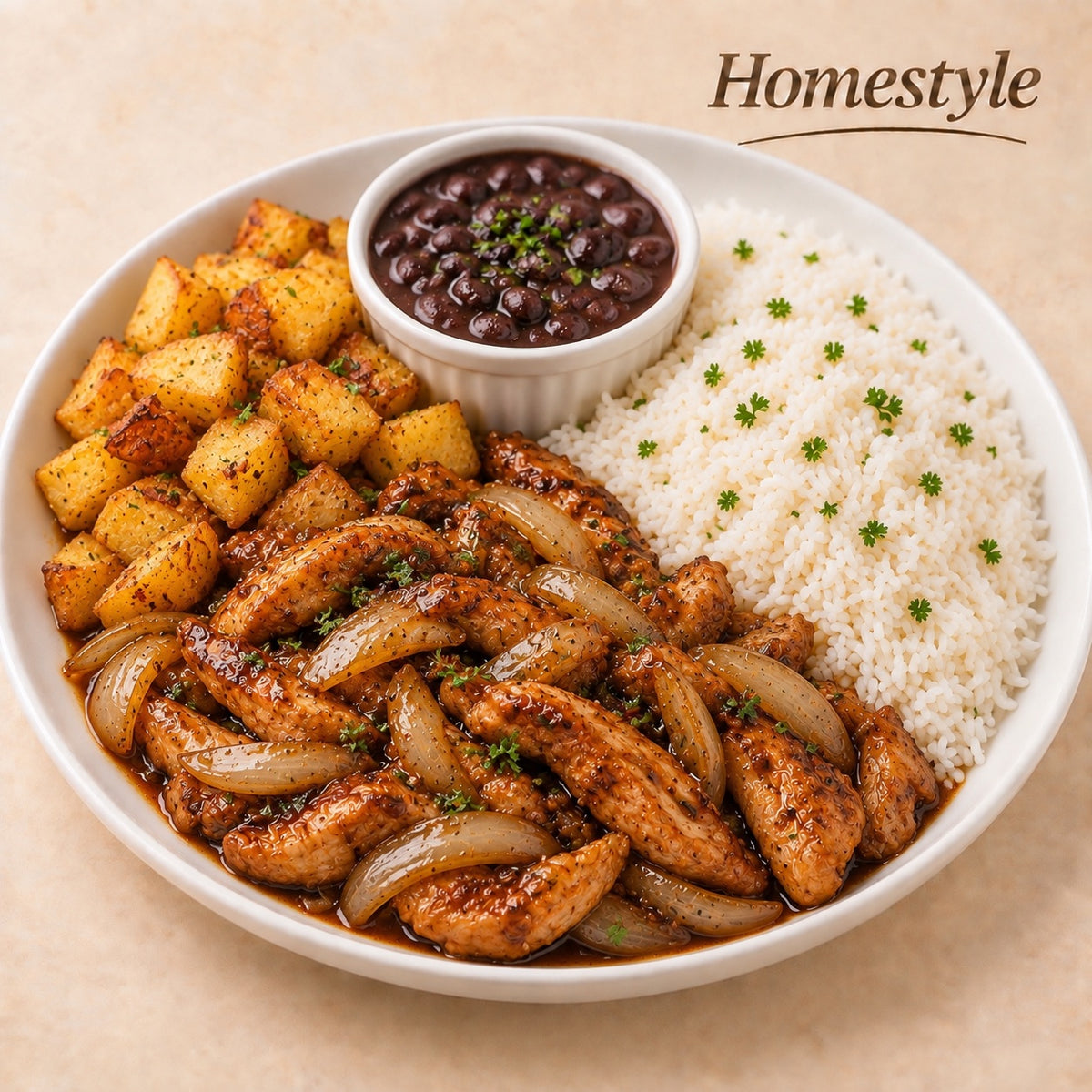 CASEIRO 300G- Tiras de frango aceboladas ao shoyu, arroz, homefries e feijão à parte.