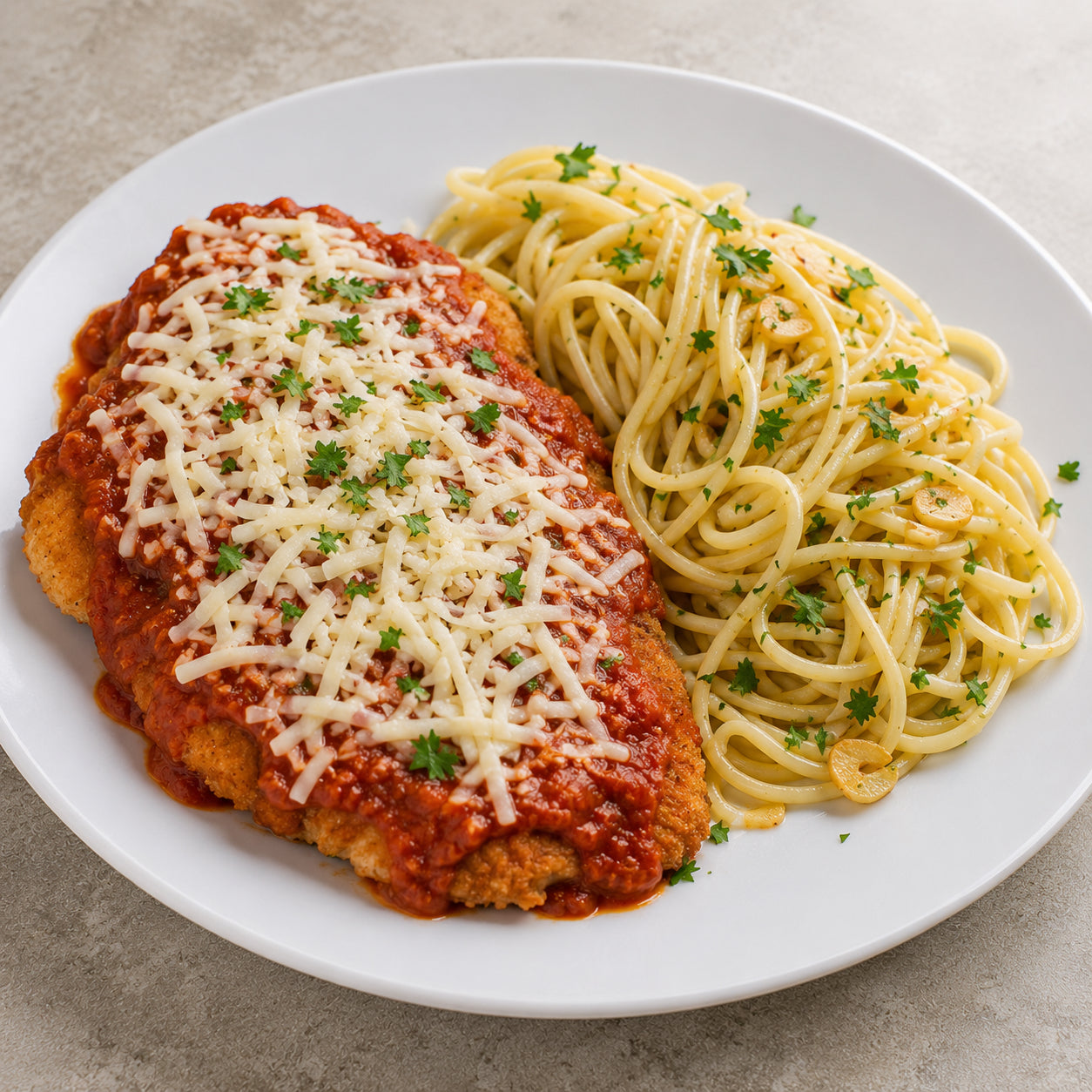 CASEIRO 550G- Parmegiana de frango com espaguete ao alho e óleo.