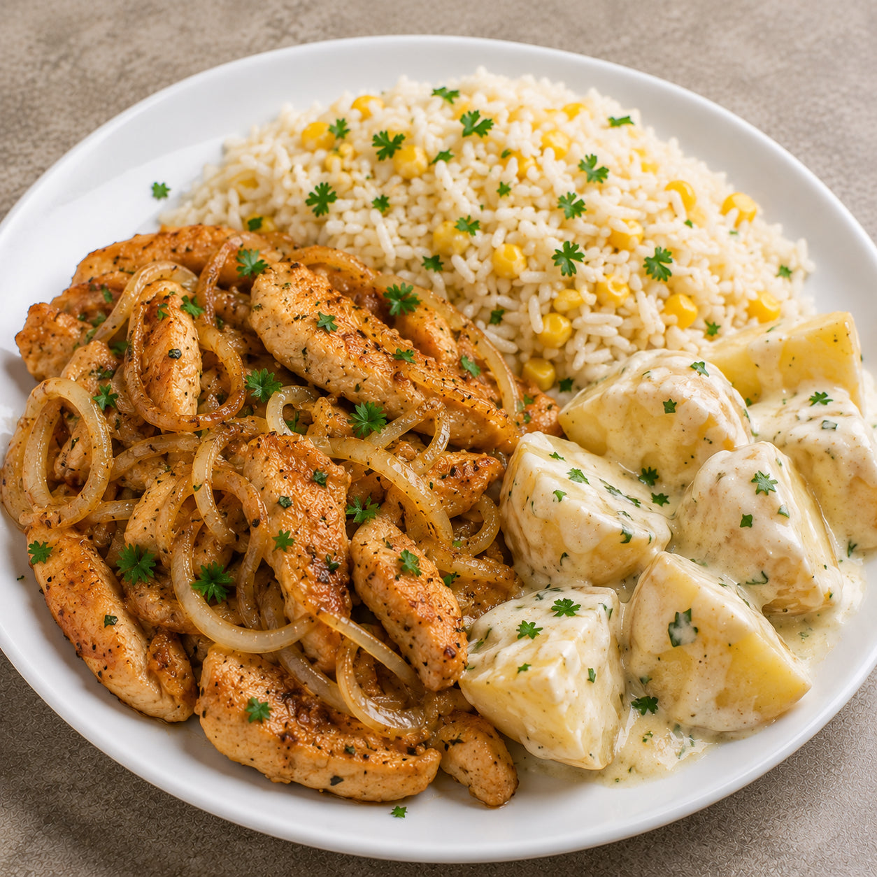 CASEIRO 550G- Iscas de frango acebolada, arroz com milho refogado e batata cremosa.