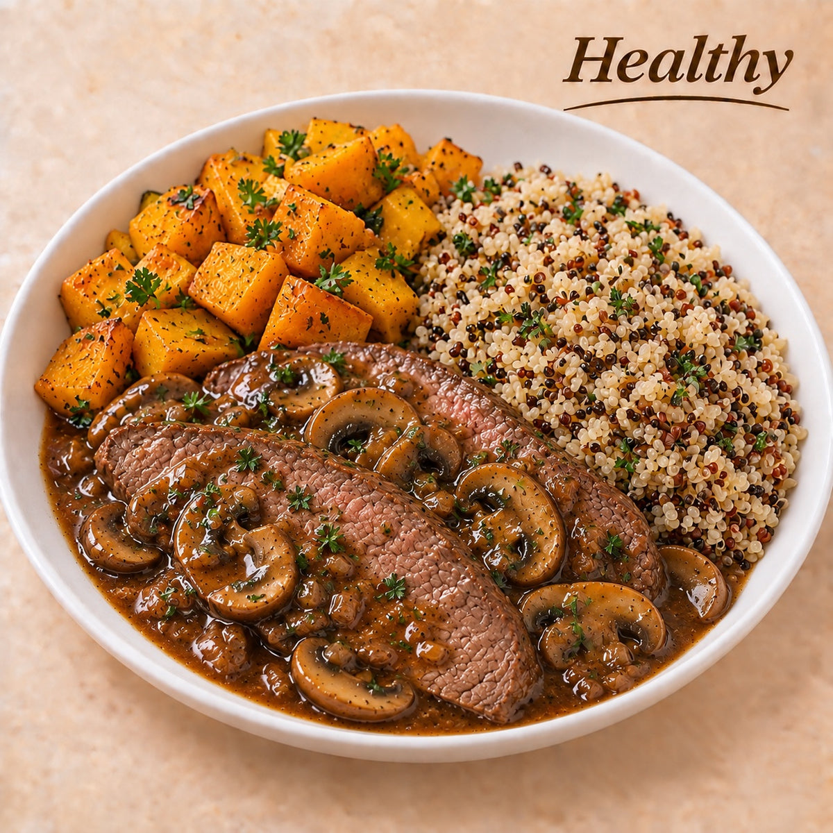 SAUDAVEL 300G- Carne assada ao molho madeira com cogumelos, quinoa tricolor e abóbora refogada.