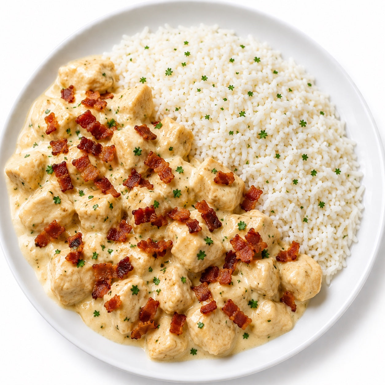 CASEIRO 300G- Cubos de frango ao molho de catupiry e bacon crocante por cima e arroz.