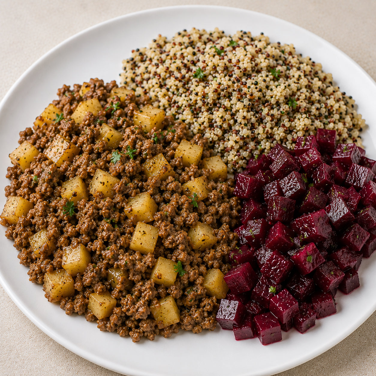 HEALTHY 300G- Lean ground beef with diced potatoes, tricolor quinoa, and beets.