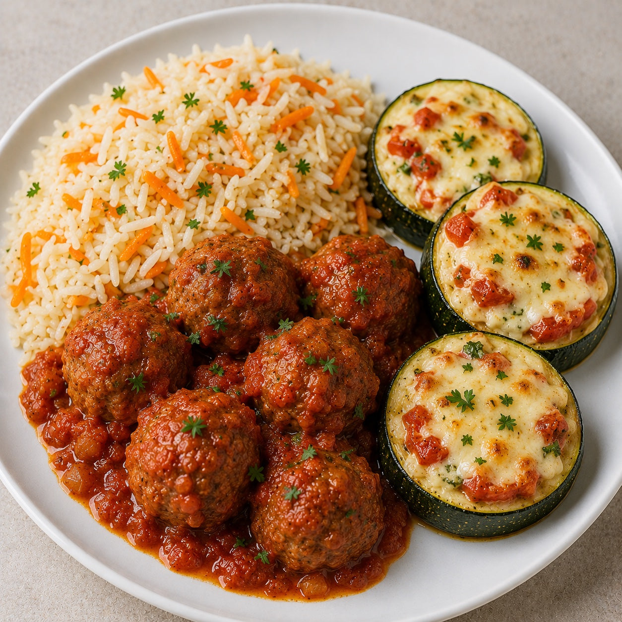 PRONTA ENTREGA CONGELADA- Almôndegas ao sugo caseiro, arroz basmati com cenoura ralada e discos de abobrinhas recheadas com tomate e queijo mussarela low fat.