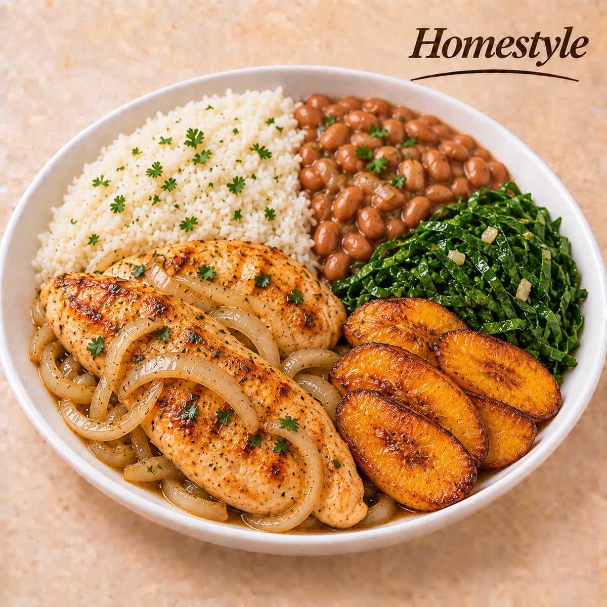 HOMESTYLE 550G- Grilled chicken with onions, rice, pinto beans, sautéed collard greens and fried plantains.