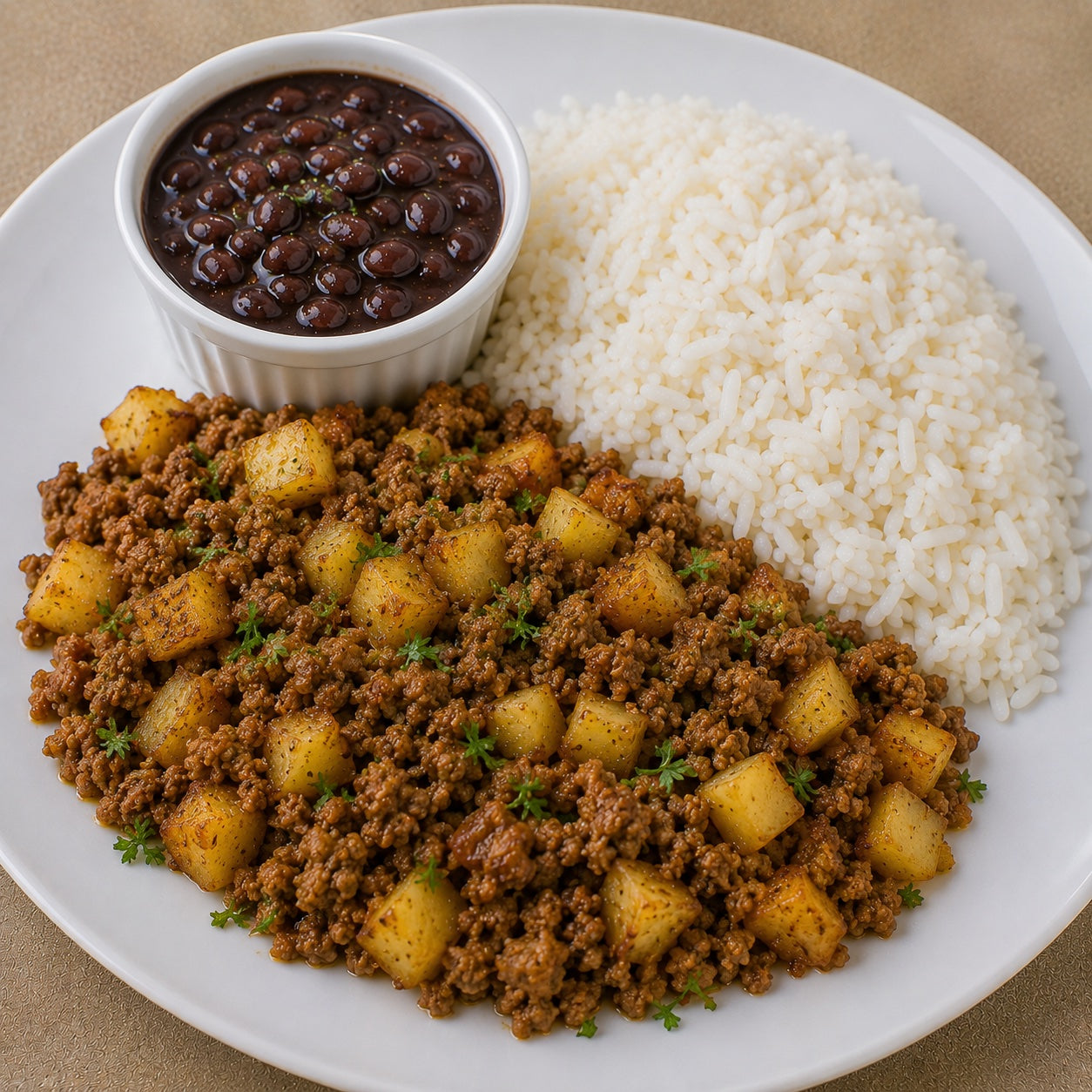 CASEIRO 550G- Carne moída com batatinhas, arroz e feijão à parte.