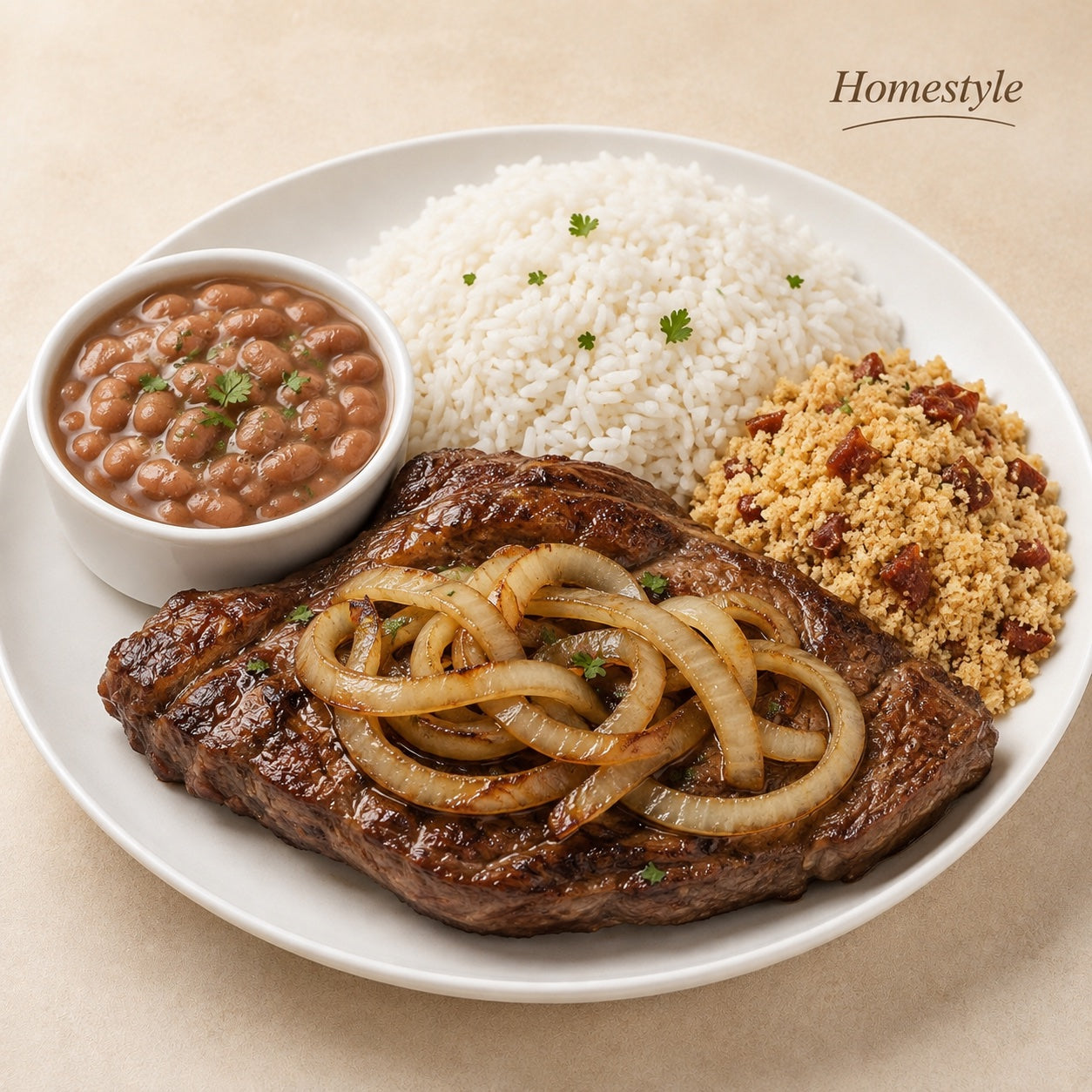 CASEIRO 300G- Picanha acebolada, arroz, farofa de bacon e feijão à parte.