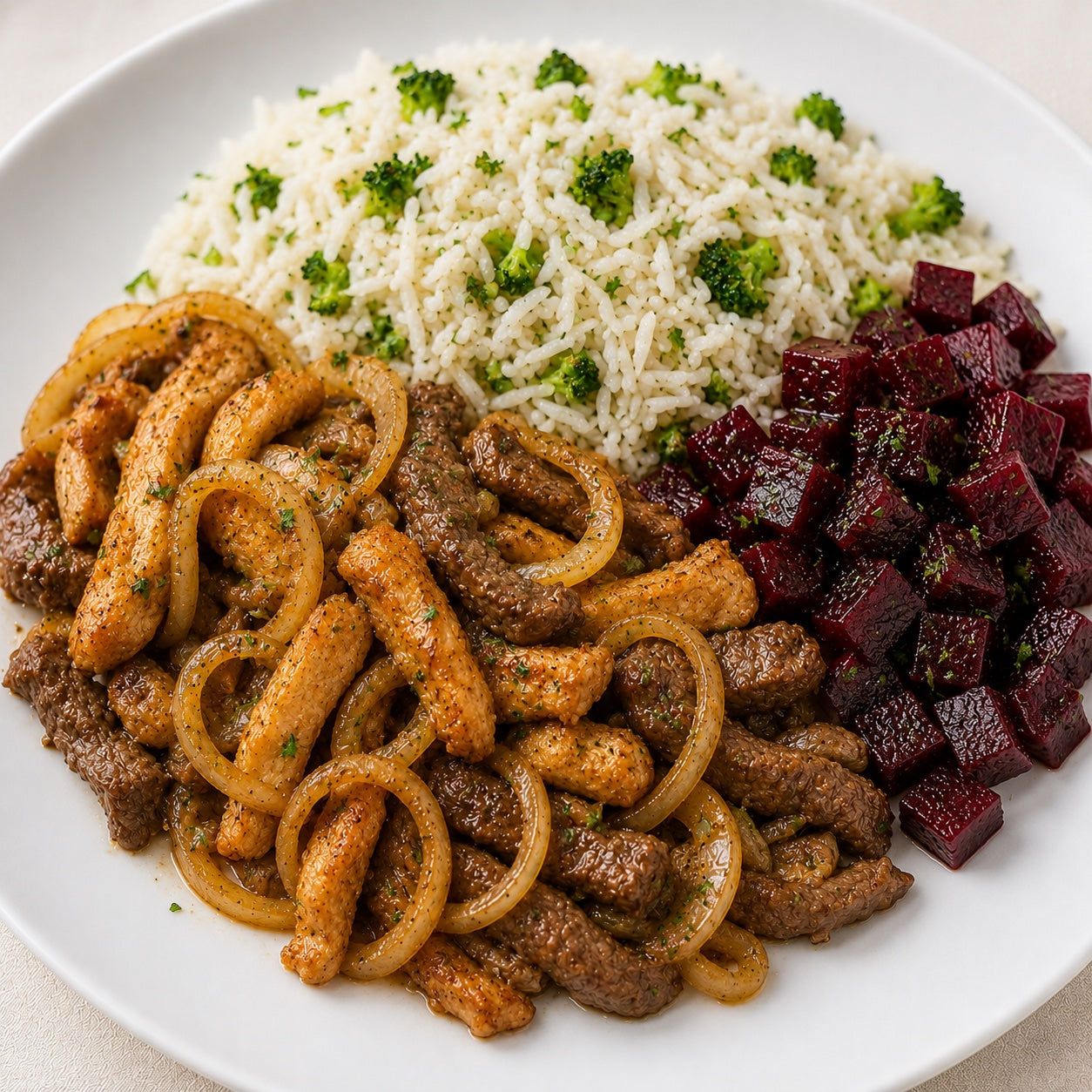 HEALTHY 300G- Chicken and beef strips with onions, basmati rice mixed with broccoli and beets.