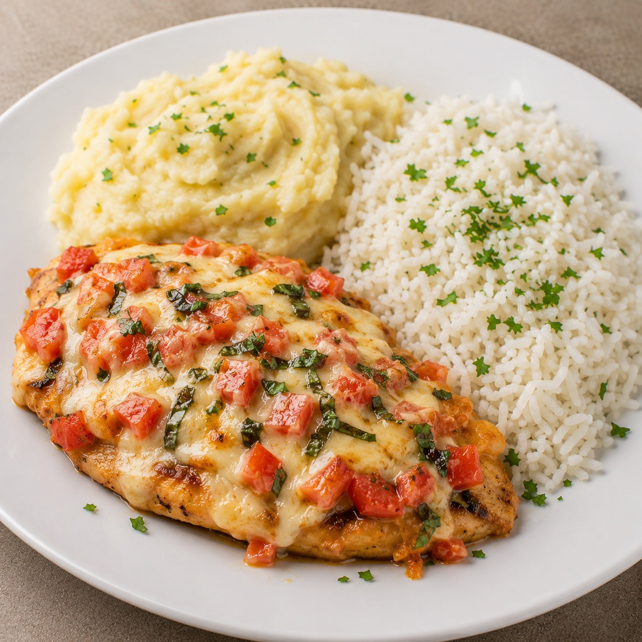 CASEIRO 300G- Filé de frango à marguerita (mussarela, tomate e manjericão), arroz branco e purê de batata rústico.