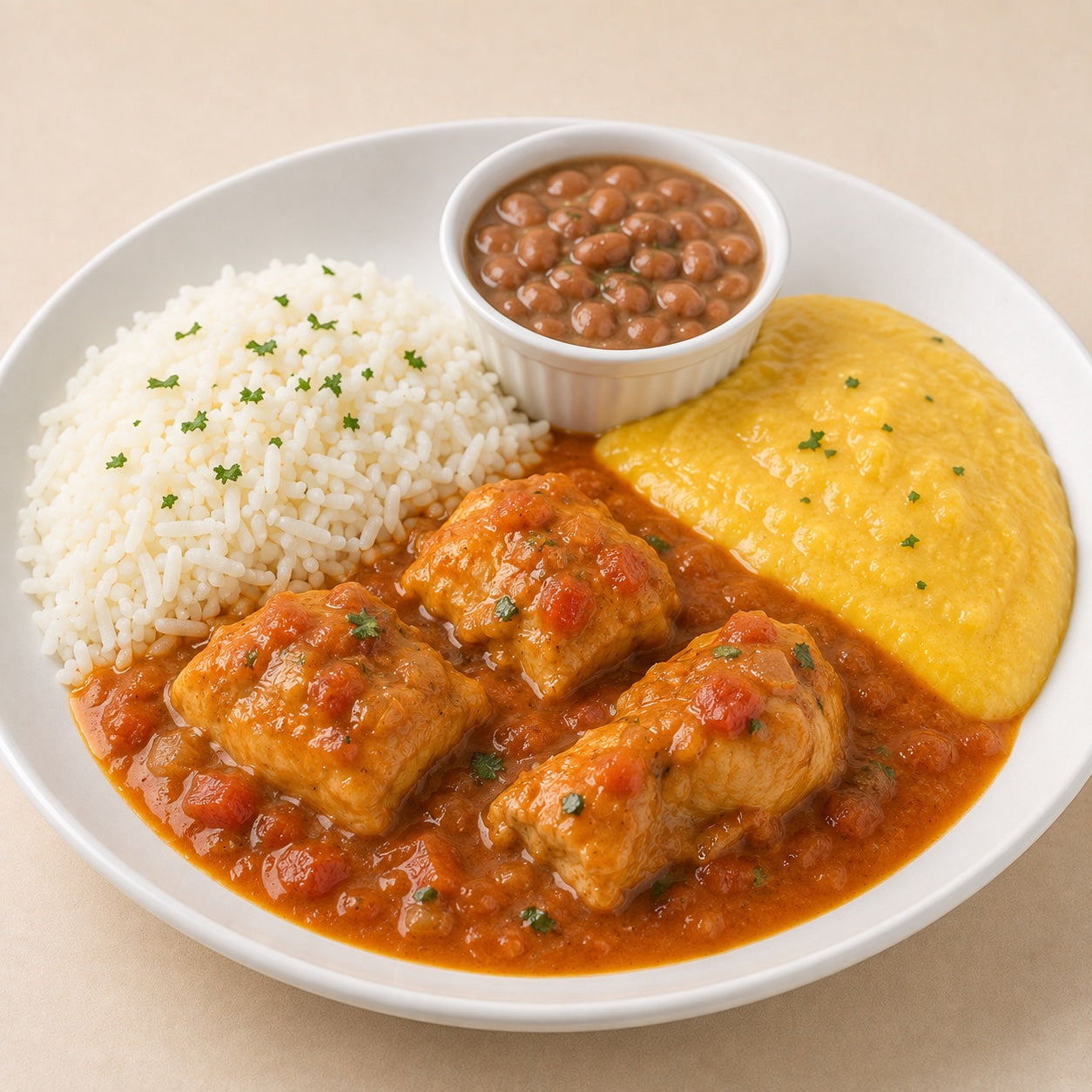 CASEIRO 300G- Peito de frango ao molho (Stewed), arroz, polenta e feijão à parte.