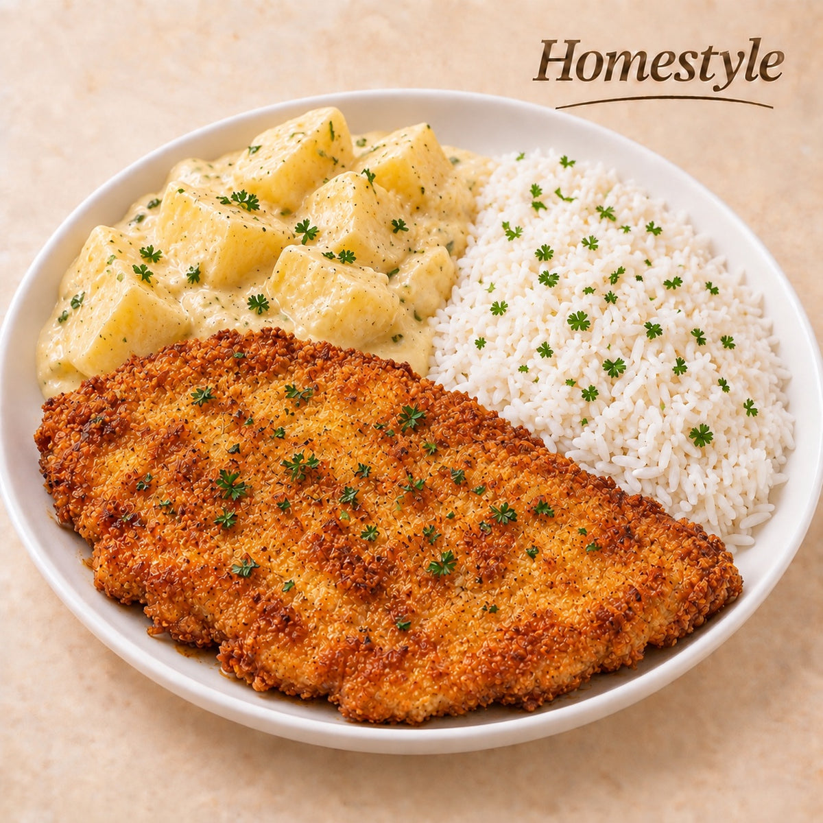 CASEIRO 300G- Filé de frango à milanesa, arroz e batata cremosa.