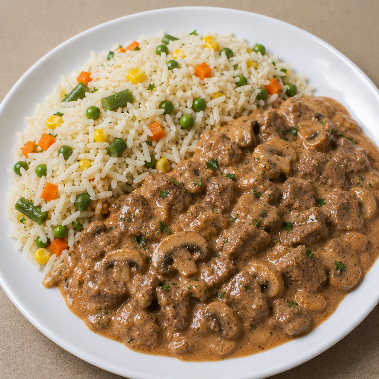 HEALTHY 500G- Fit filet mignon stroganoff with mushrooms and basmati rice with vegetables.