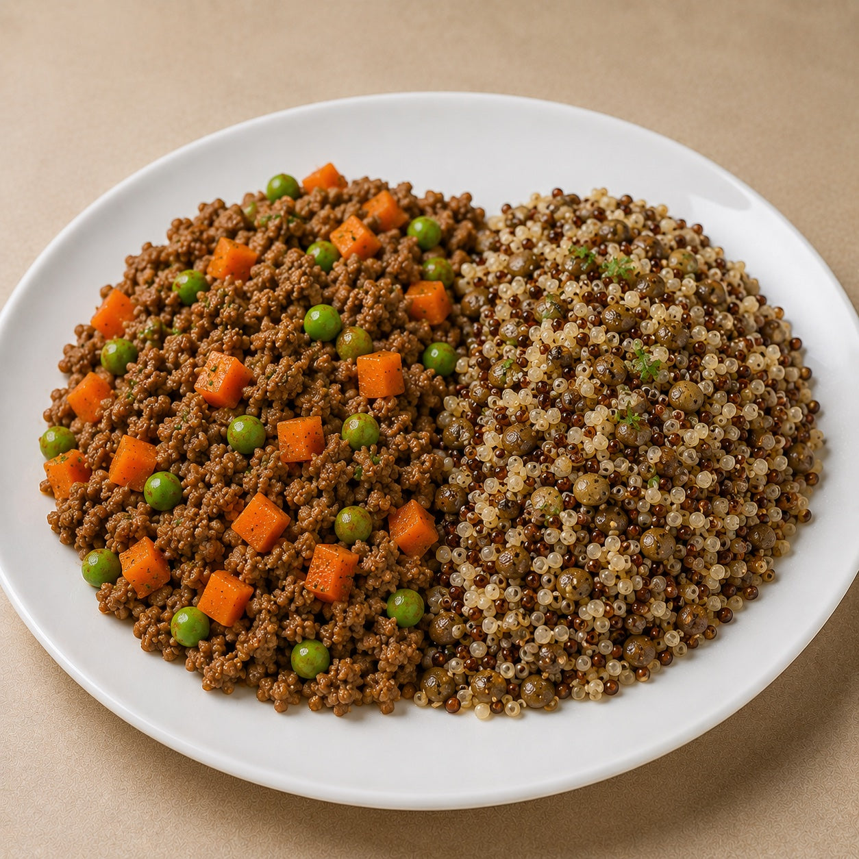 SAUDAVEL 500G- Carne moída lean com vegetais e mix de quinoa com lentilha.
