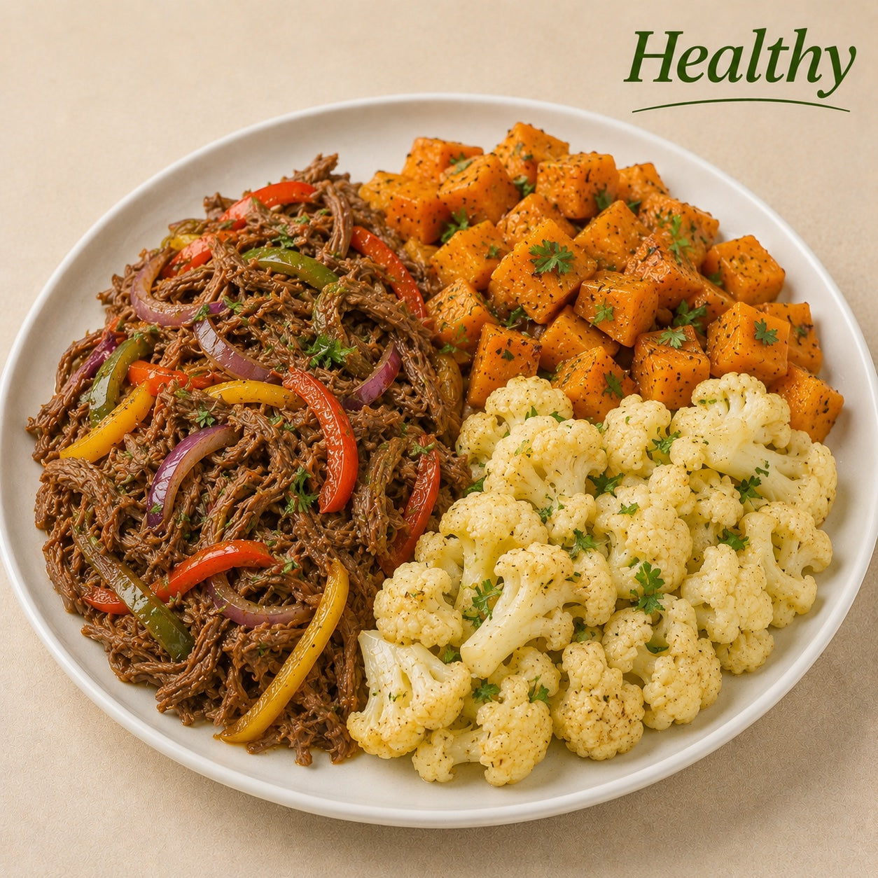 HEALTHY 300G- Shredded beef with bell peppers and onions, sautéed butternut squash and cauliflower.