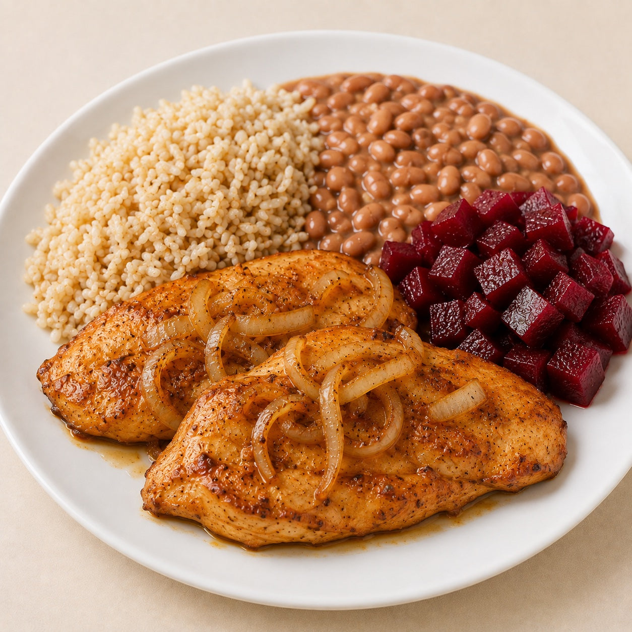 SAUDAVEL 300G- Filé de frango acebolado, arroz integral, beterraba e feijão carioca.