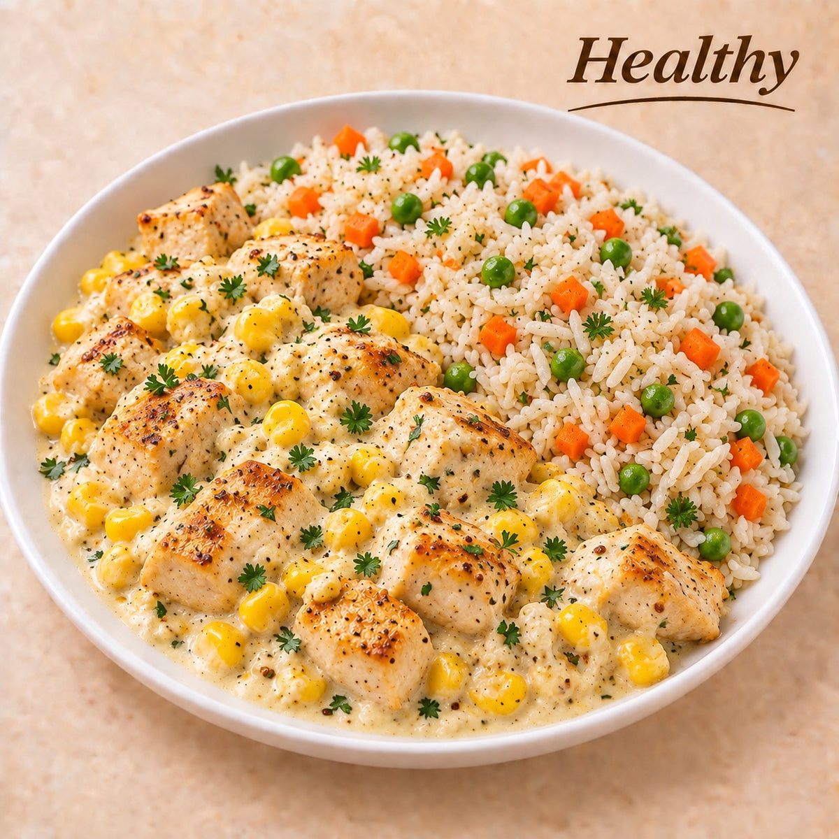 SAUDAVEL 300G- Cubos de frango com milho ao molho de ricota e mostarda dijon e arroz basmati com cenoura e ervilha.