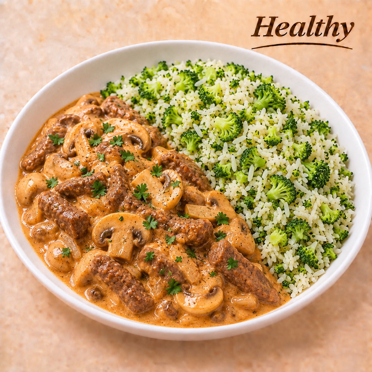HEALTHY 300G- Beef stroganoff with mushrooms and basmati rice with broccoli.