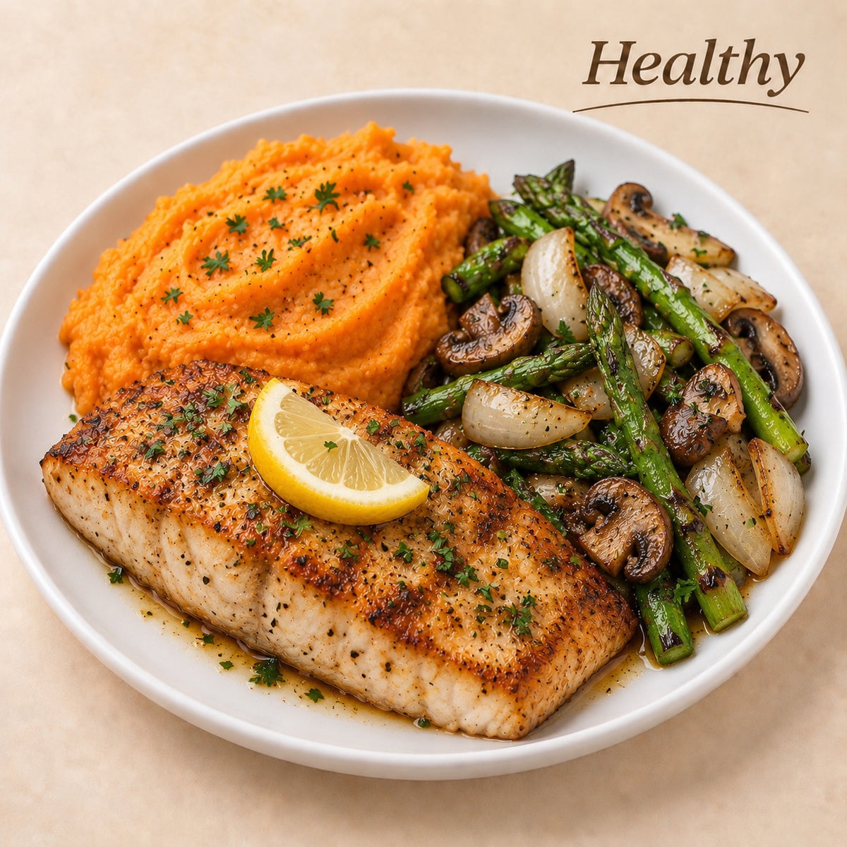 HEALTHY 300G- Tilapia with a touch of Sicilian lemon, mashed sweet potatoes and asparagus sautéed with red onions and mushrooms.
