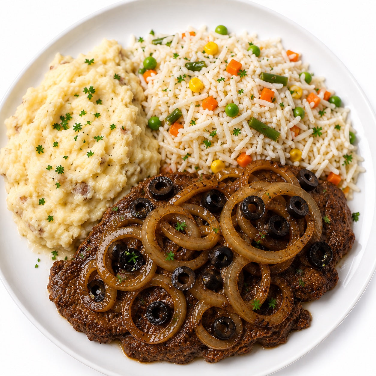 HEALTHY 300G- Steak with onions and black olives, rustic mashed potatoes and rice with mixed vegetables.