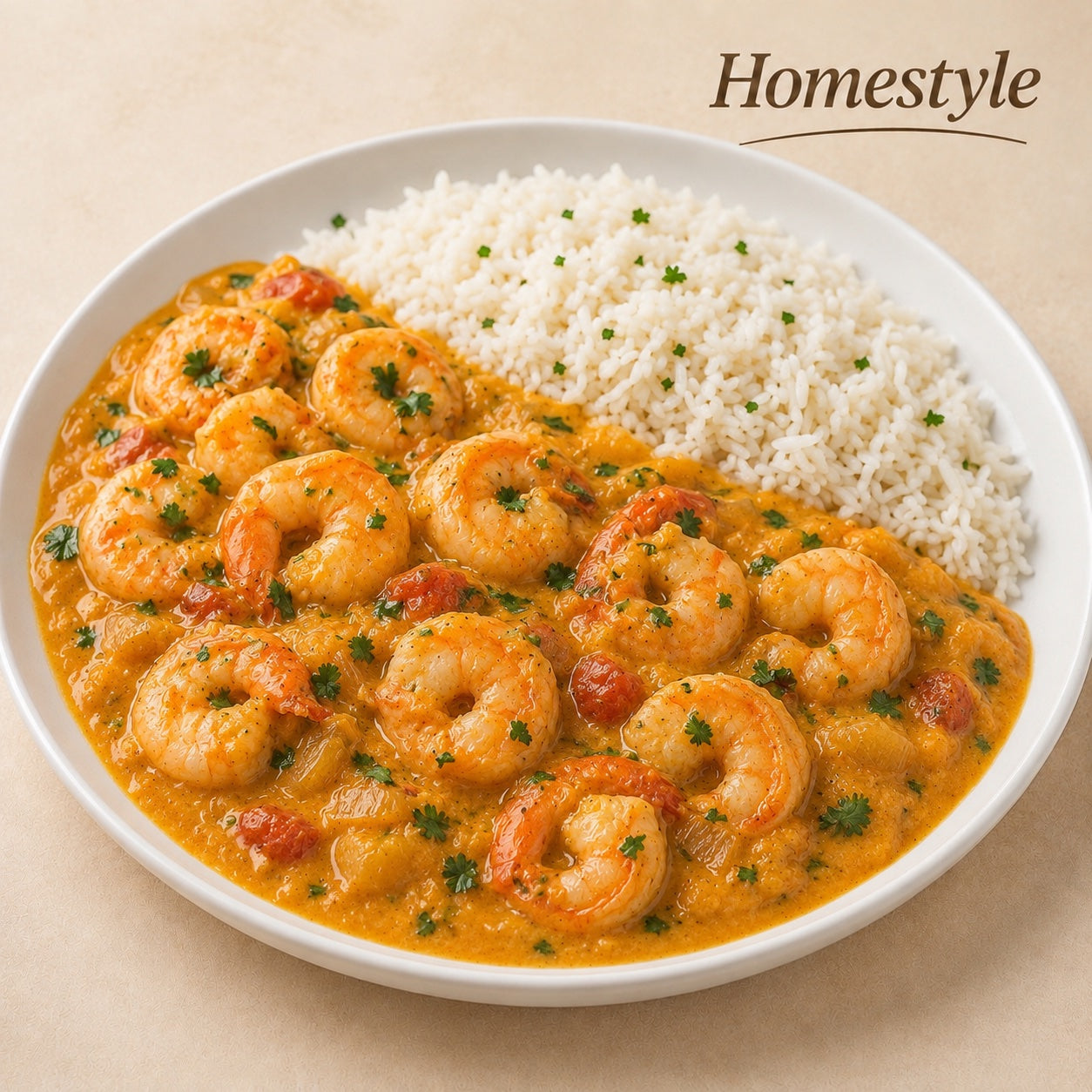 HOMESTYLE 550G- Capixaba-style shrimp bobó and rice.