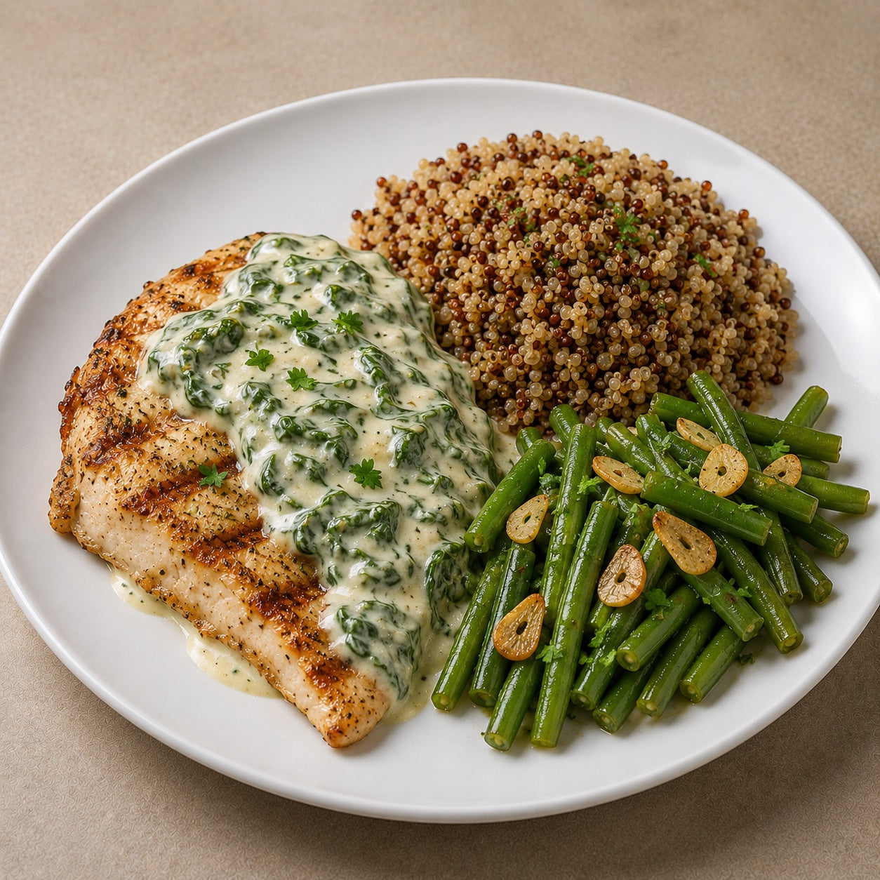 HEALTHY 500G- Grilled tilapia with spinach ricotta sauce, quinoa and green beans with garlic slices.