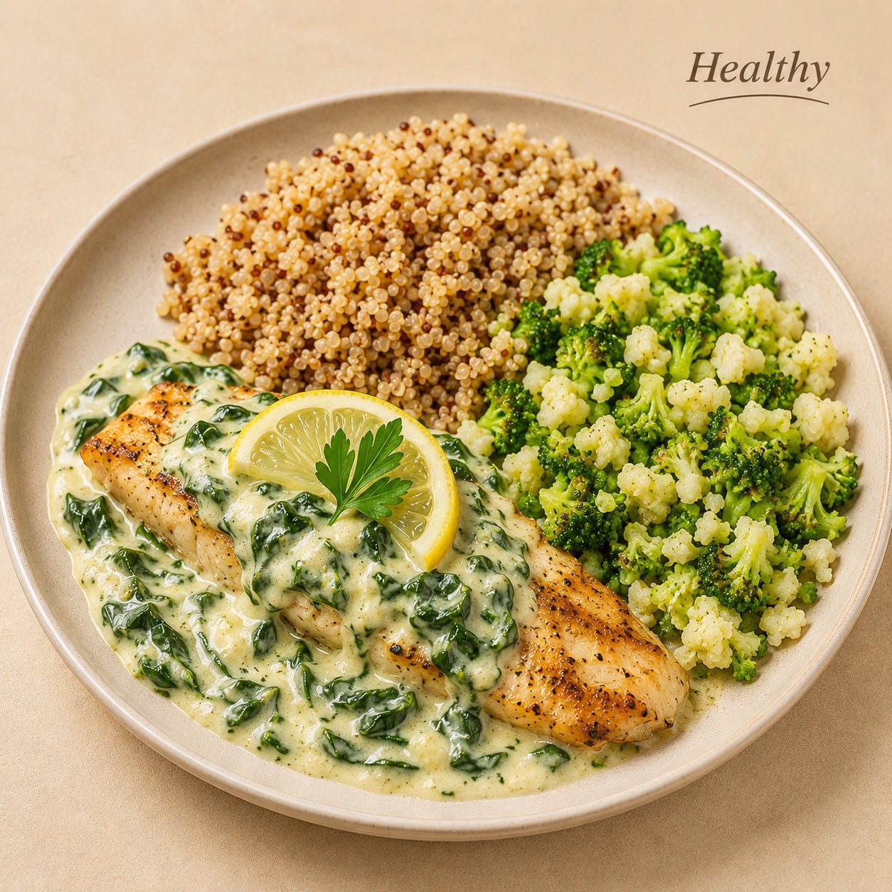 HEALTHY 300G- Grilled tilapia with ricotta and spinach sauce, quinoa and broccoli and cauliflower crumble.