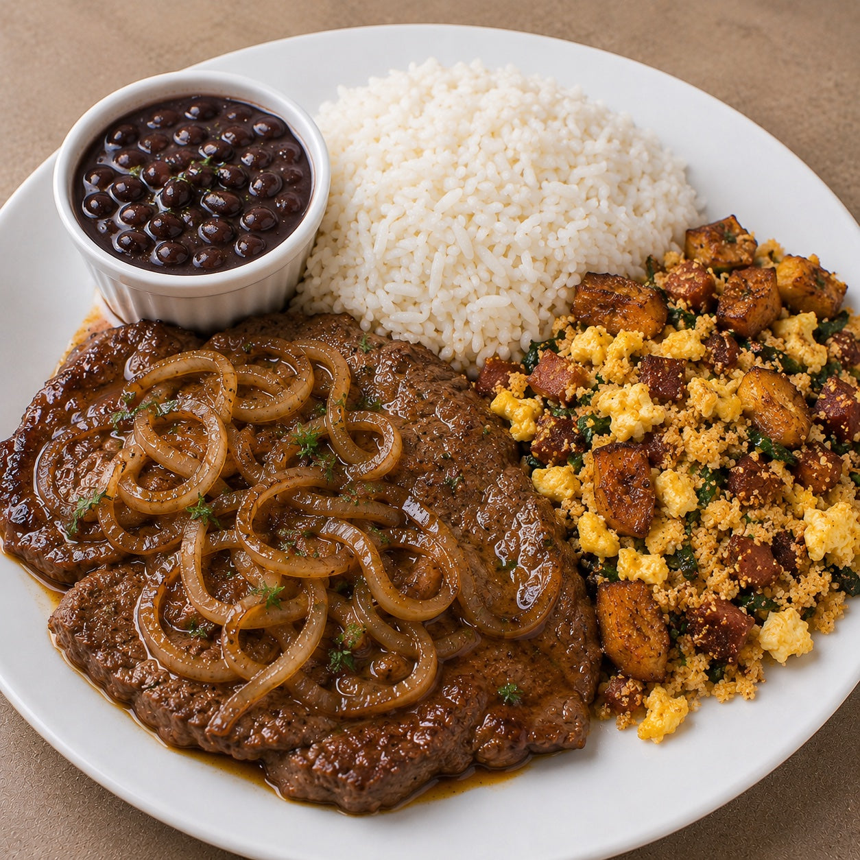 HOMESTYLE 550G- Steak with onions, rice, complete plantain farofa and black beans on the side.