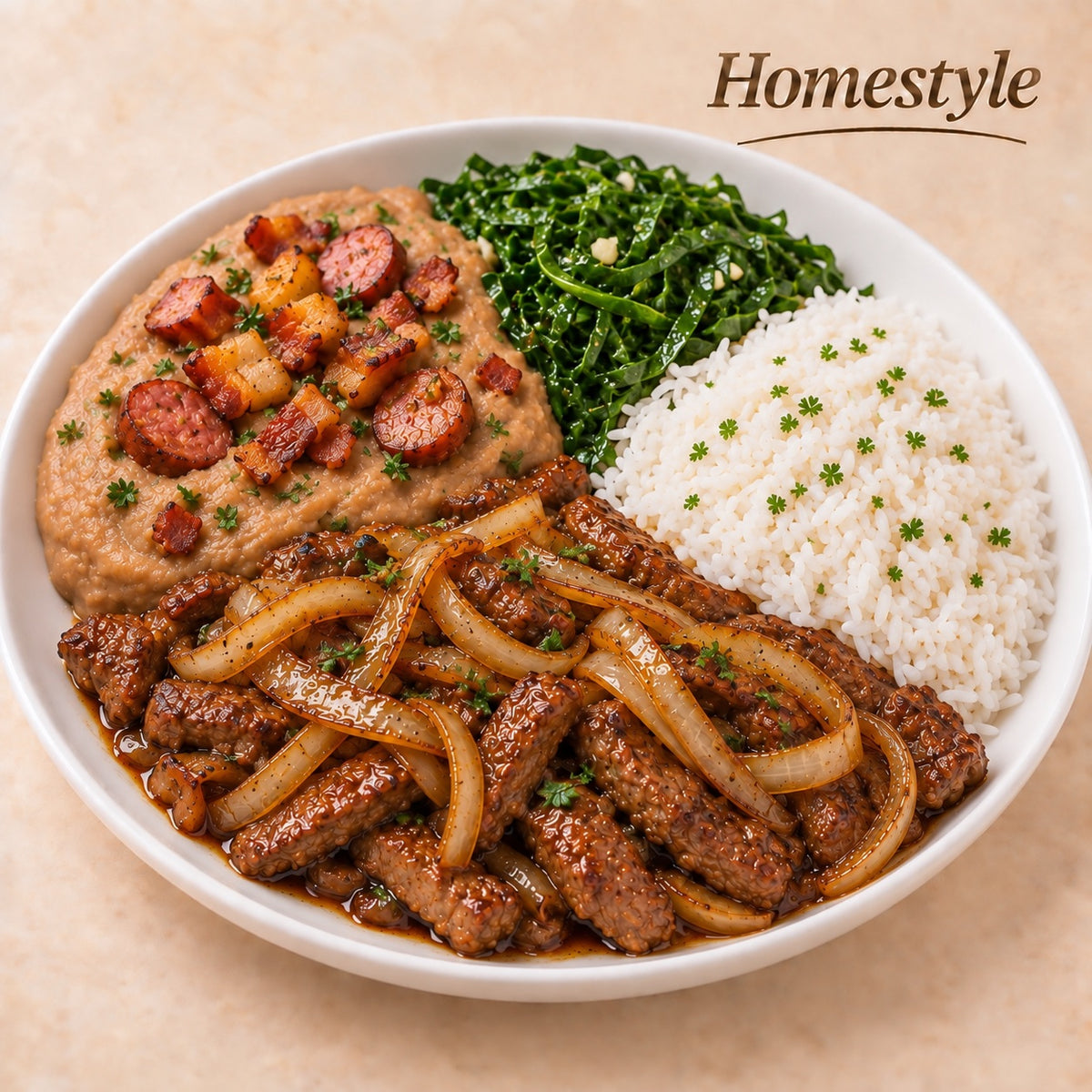 CASEIRO 300G- Tiras de alcatra aceboladas e ao shoyu, arroz, couve refogada e tutu de feijão com bacon e calabresa.