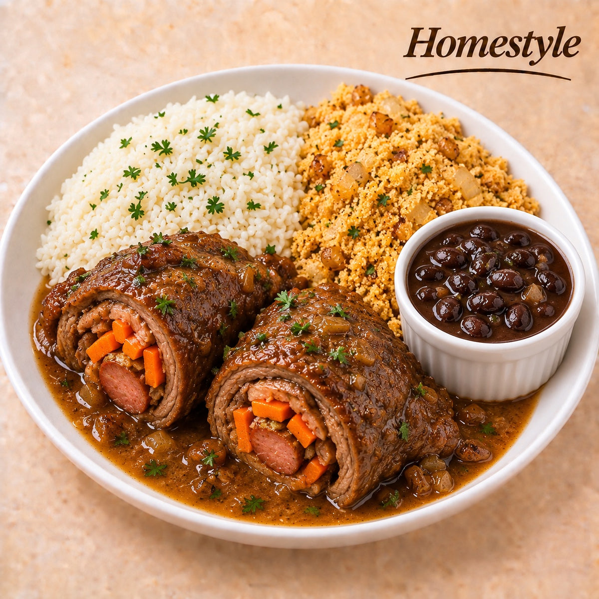 HOMESTYLE 300G- Beef rolls stuffed with carrots and sausage, rice, golden onion farofa and beans on the side.