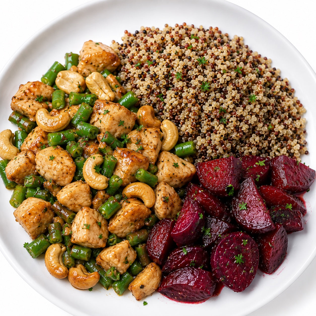 HEALTHY 500G- Sautéed chicken cubes with green beans and cashews, quinoa and beets.