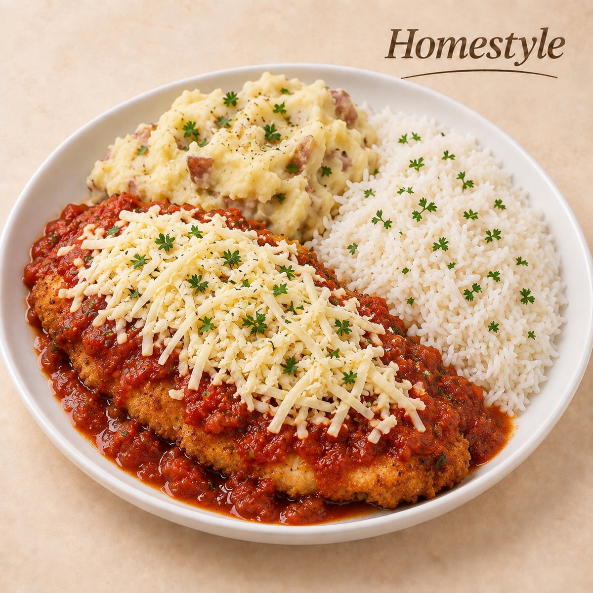CASEIRO 550G- File de frango à parmegiana, arroz e purê de batatas rustico.