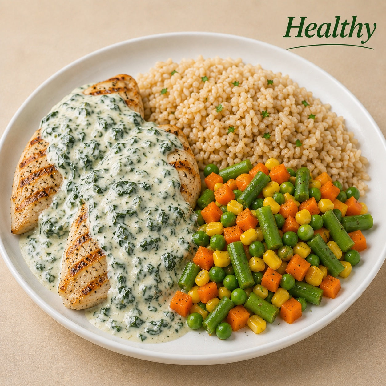 HEALTHY 300G- Grilled chicken breast with ricotta and spinach sauce, brown rice and mixed vegetables.