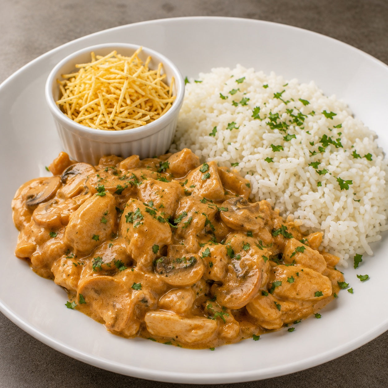 CASEIRO 550G- Strogonoff de frango com cogumelos, arroz branco e batata palha à parte.