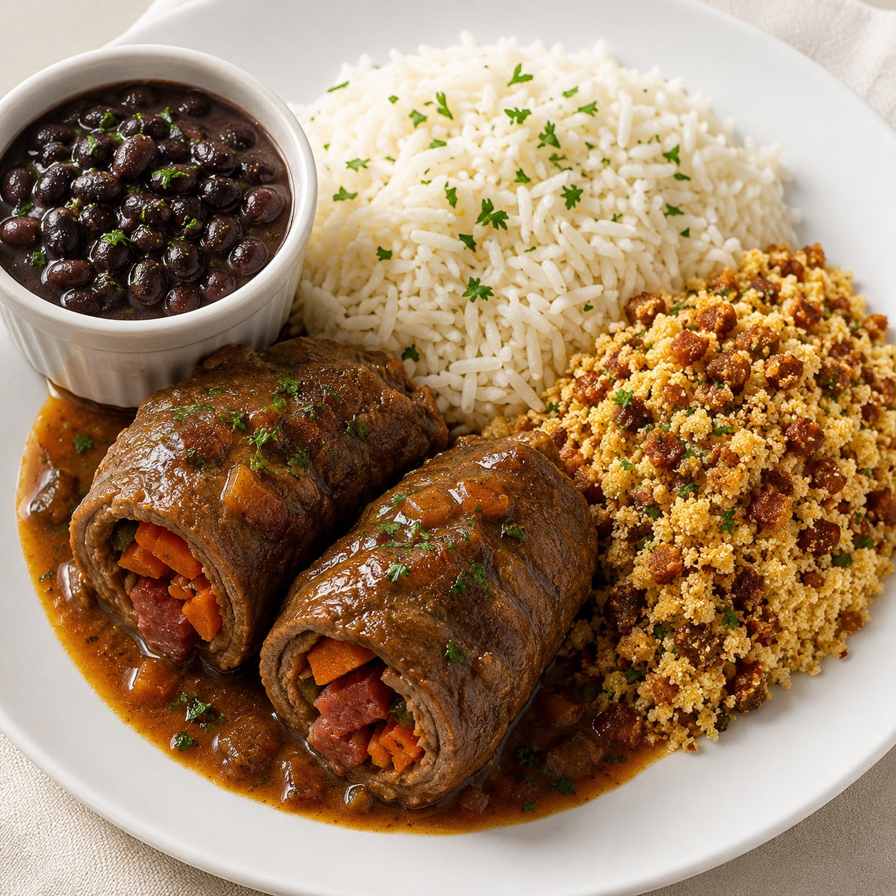 CASEIRO 300G- Bife à rolê recheado com cenoura e calabresa, arroz, farofa de cebola dourada e feijão à parte.