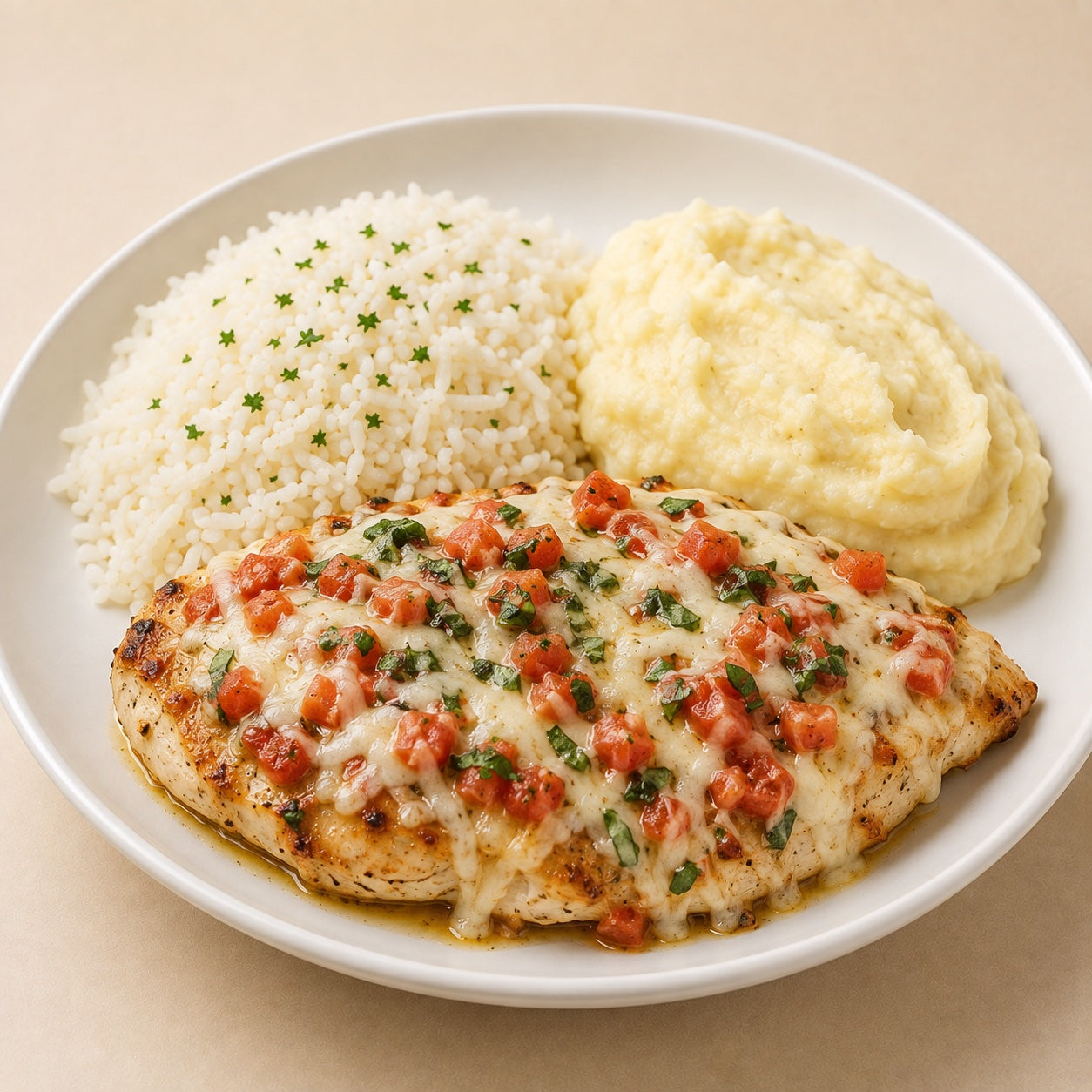 CASEIRO 300G- Filé de frango grelhado à margherita (queijo, tomate e manjericão), arroz e purê de batatas.